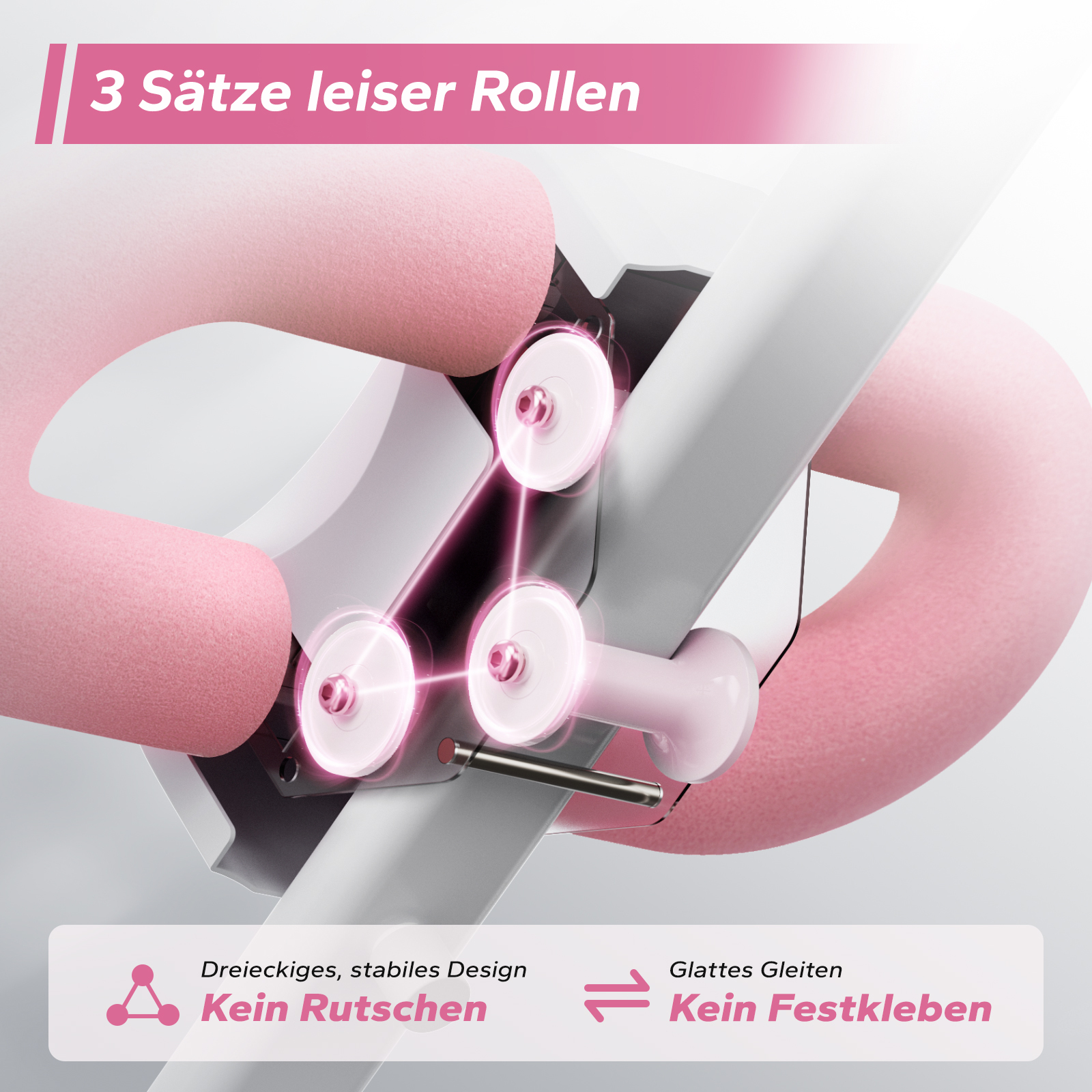 Drei leise Rollen mit pinken Elementen und Textbeschreibungen.