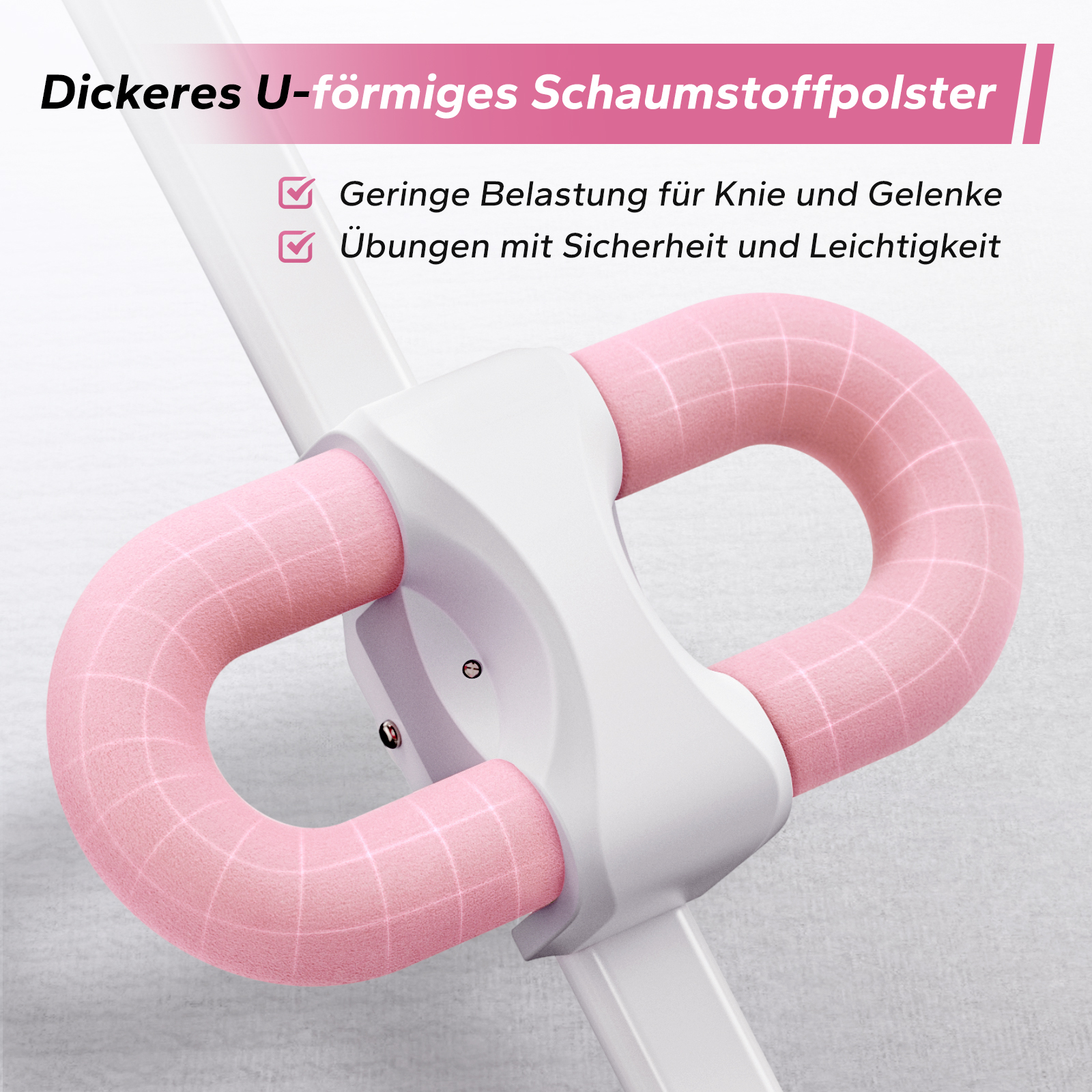 Ein dickes, U-förmiges Polster in Rosa mit Gitternetzmuster auf weißem Griff.