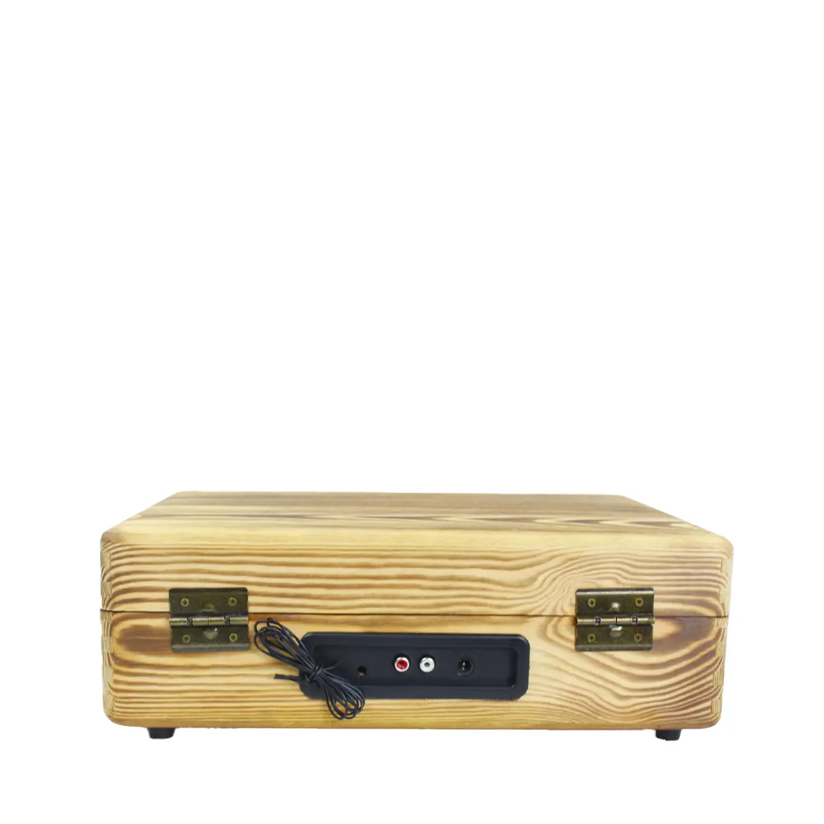 Zamknięty drewniany gramofon walizka z czarnymi portami i kablami.