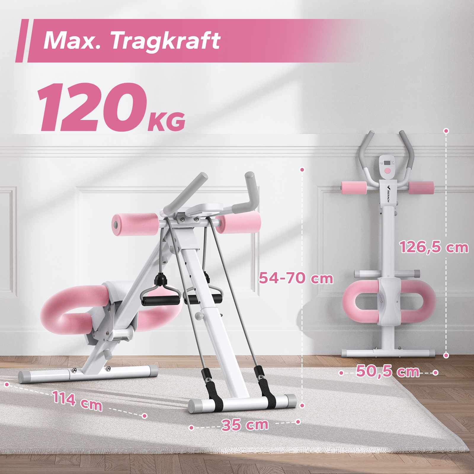 Ein weißer Fitness-Stepper mit rosa Polstern und Griffen, maximale Tragkraft 120 kg.