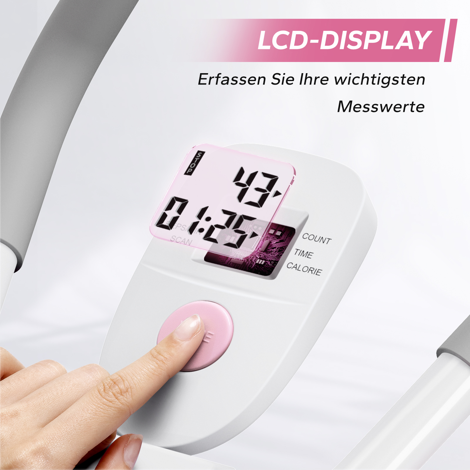 Ein Finger drückt auf einen rosafarbenen Knopf auf einem Display mit Uhrzeit.