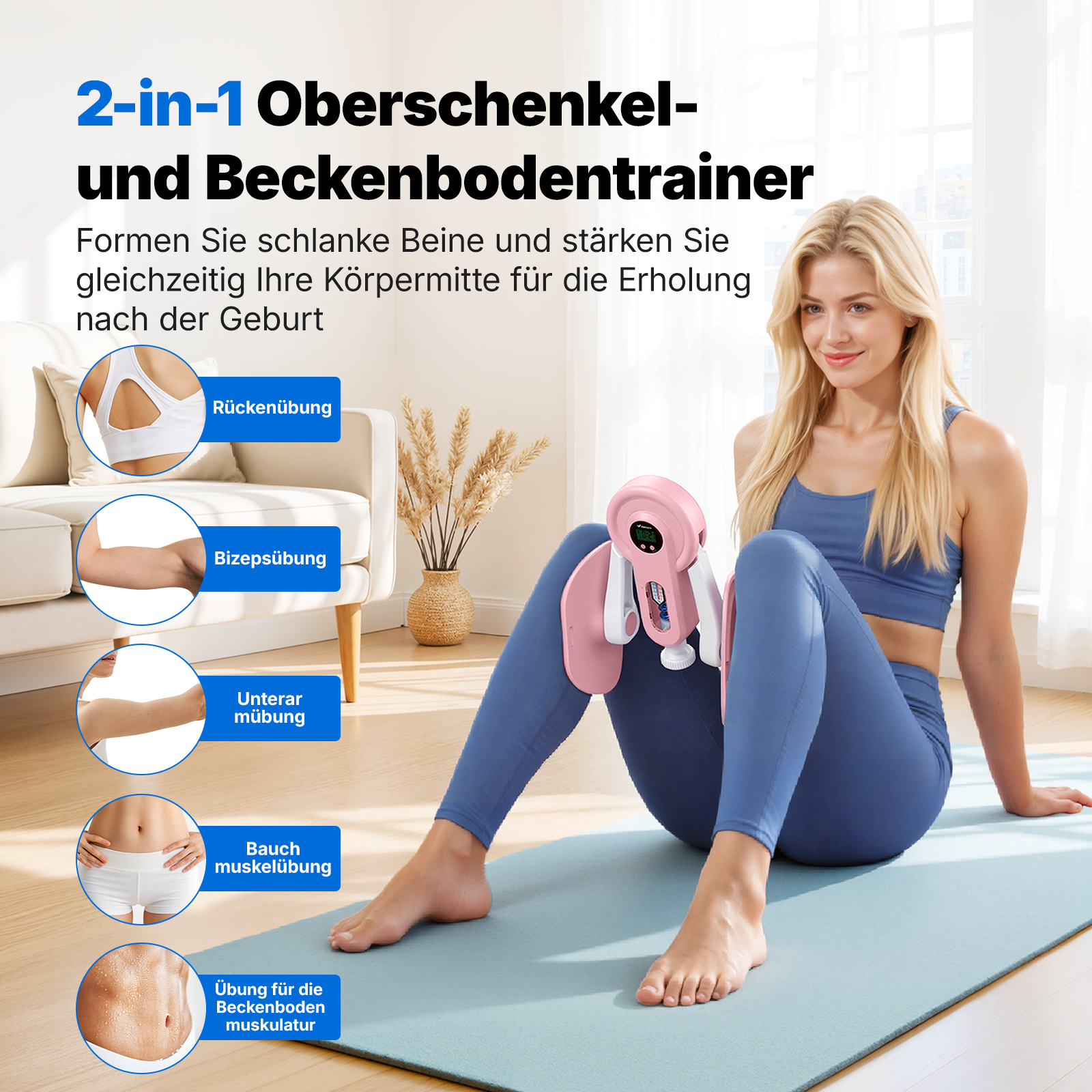 Frau sitzt auf einer Matte mit einem rosa Beckenbodentrainer zwischen den Beinen.