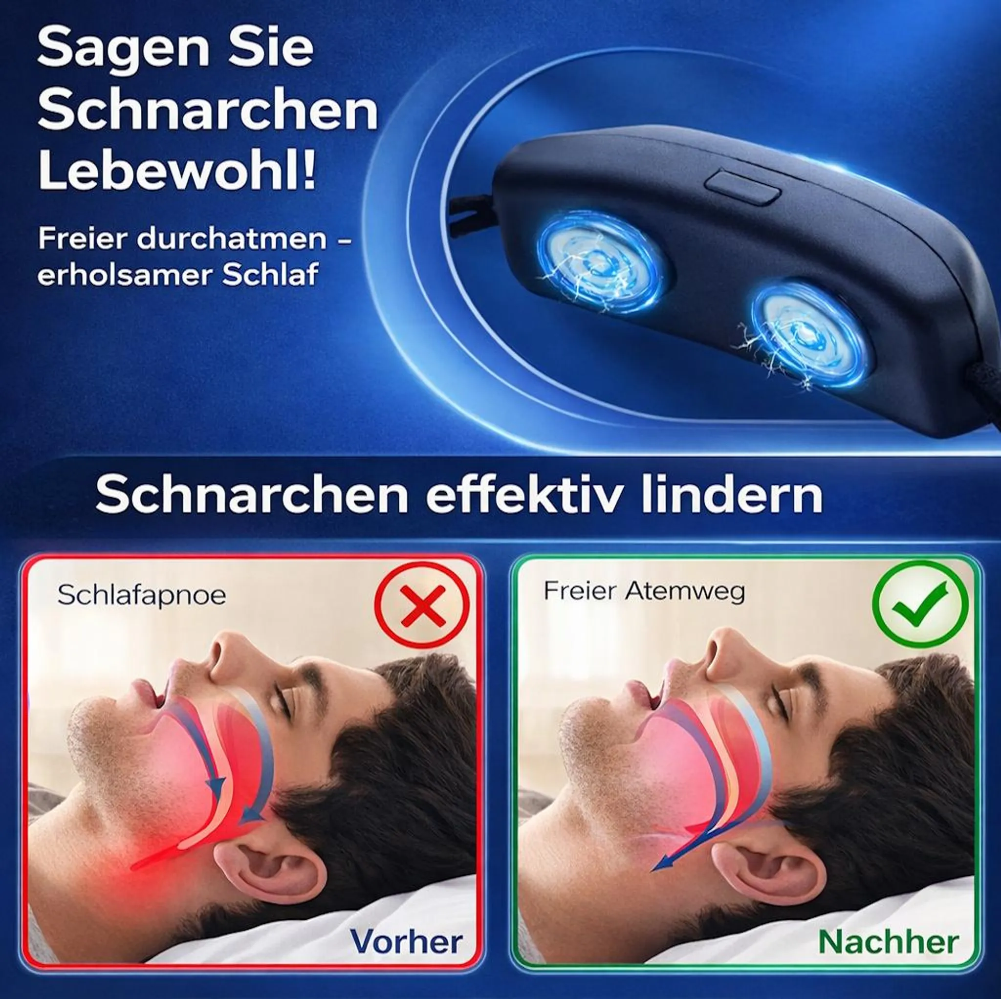 Vorher-Nachher-Vergleich: Schlafapnoe vs. freier Atemweg mit Gerät.