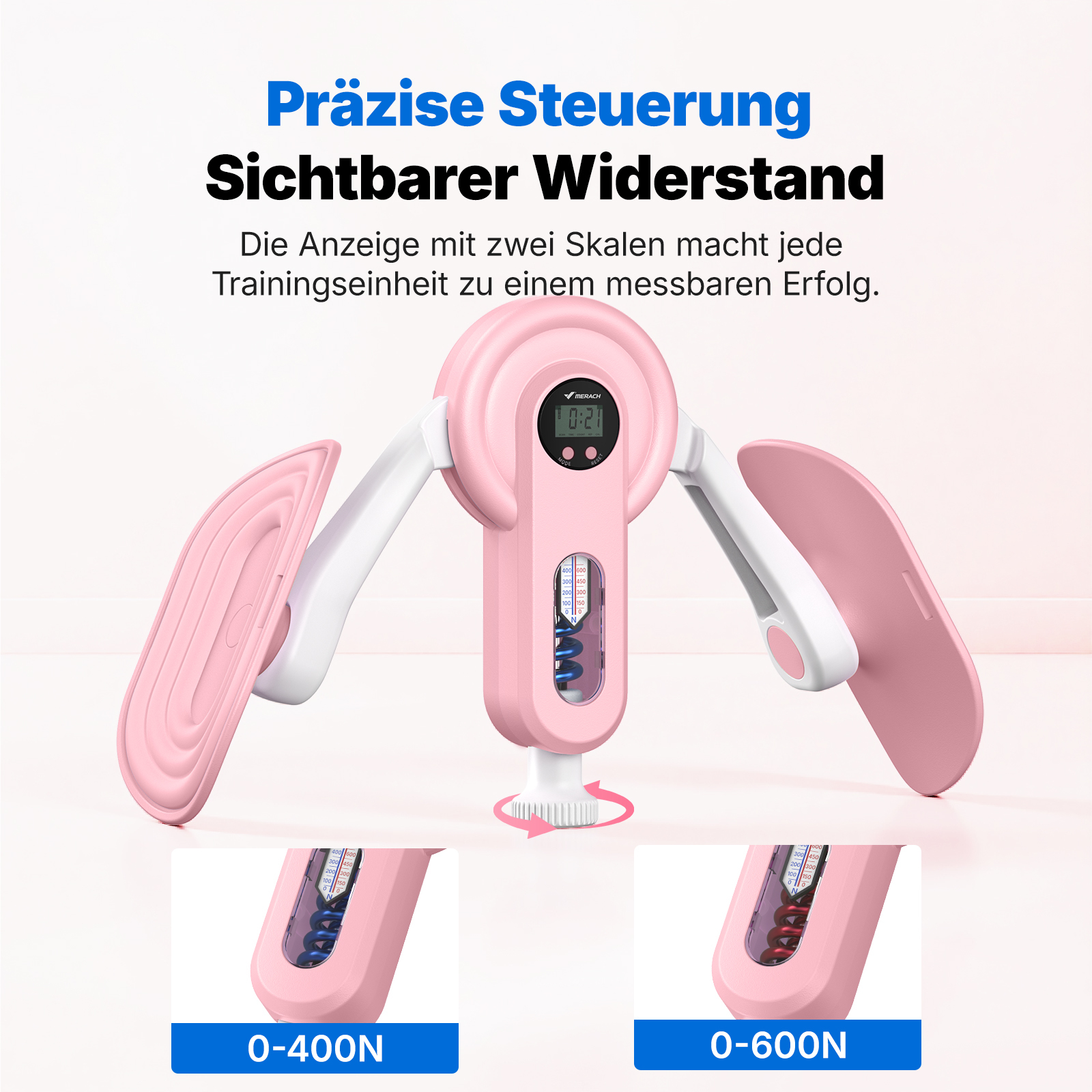 Ein pinker Trainingswiderstandsmesser mit digitaler Anzeige und Skalen von 0-400N und 0-600N.