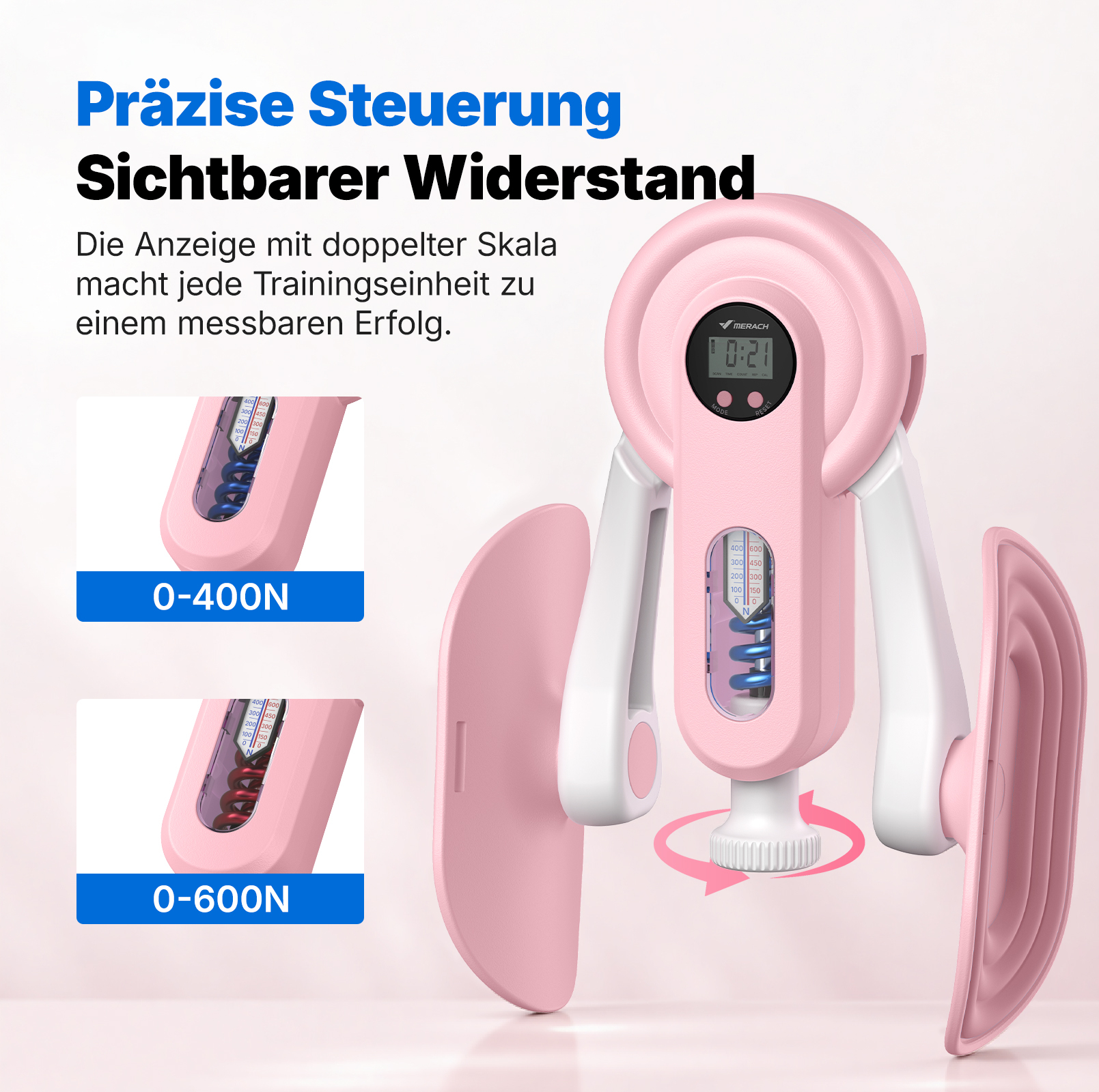 Ein rosafarbener Handtrainer mit digitaler Anzeige und Skalen für 0-400N und 0-600N.