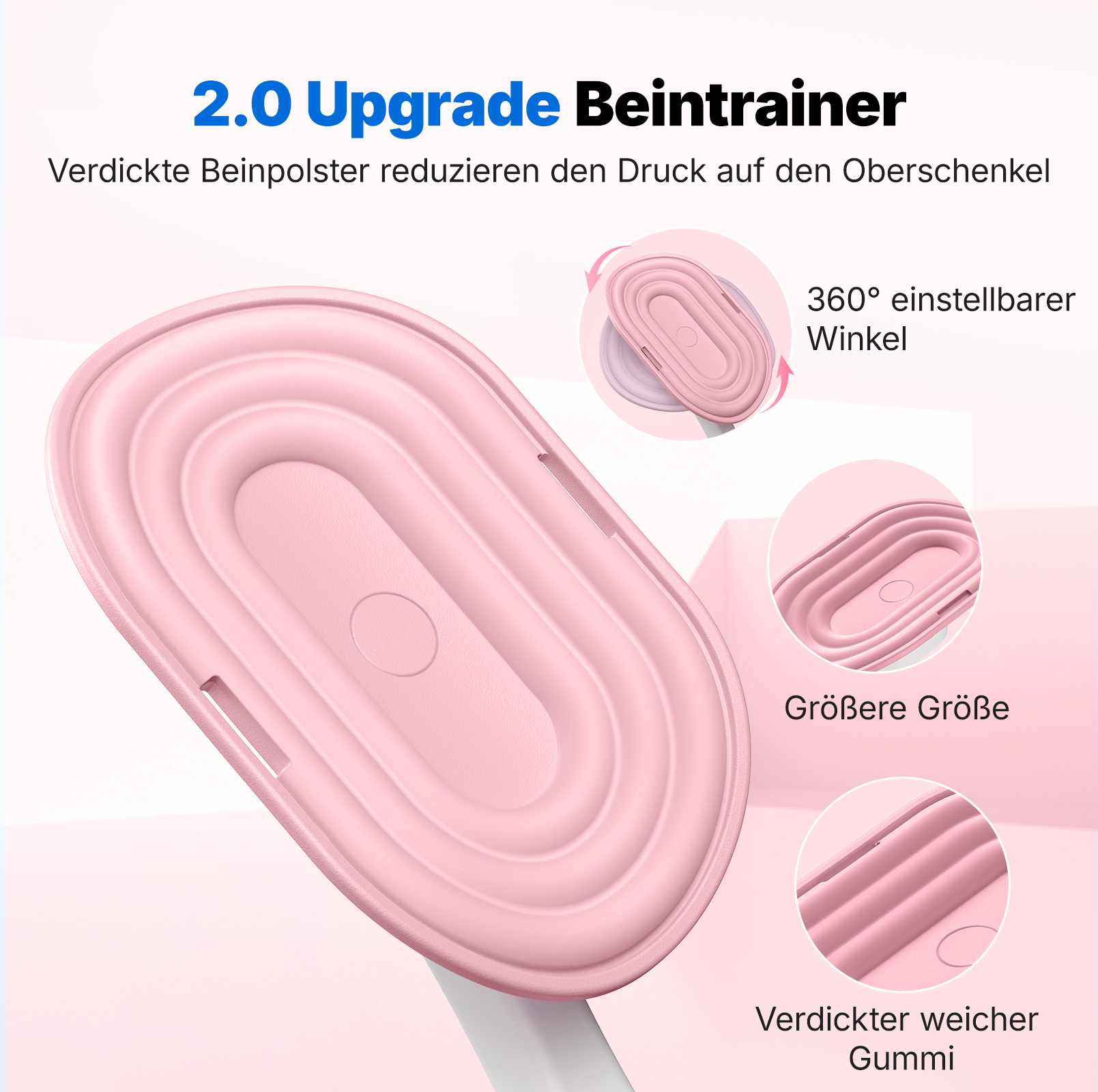 Ein rosafarbener Bein-Trainer mit Textinformationen über seine Eigenschaften.