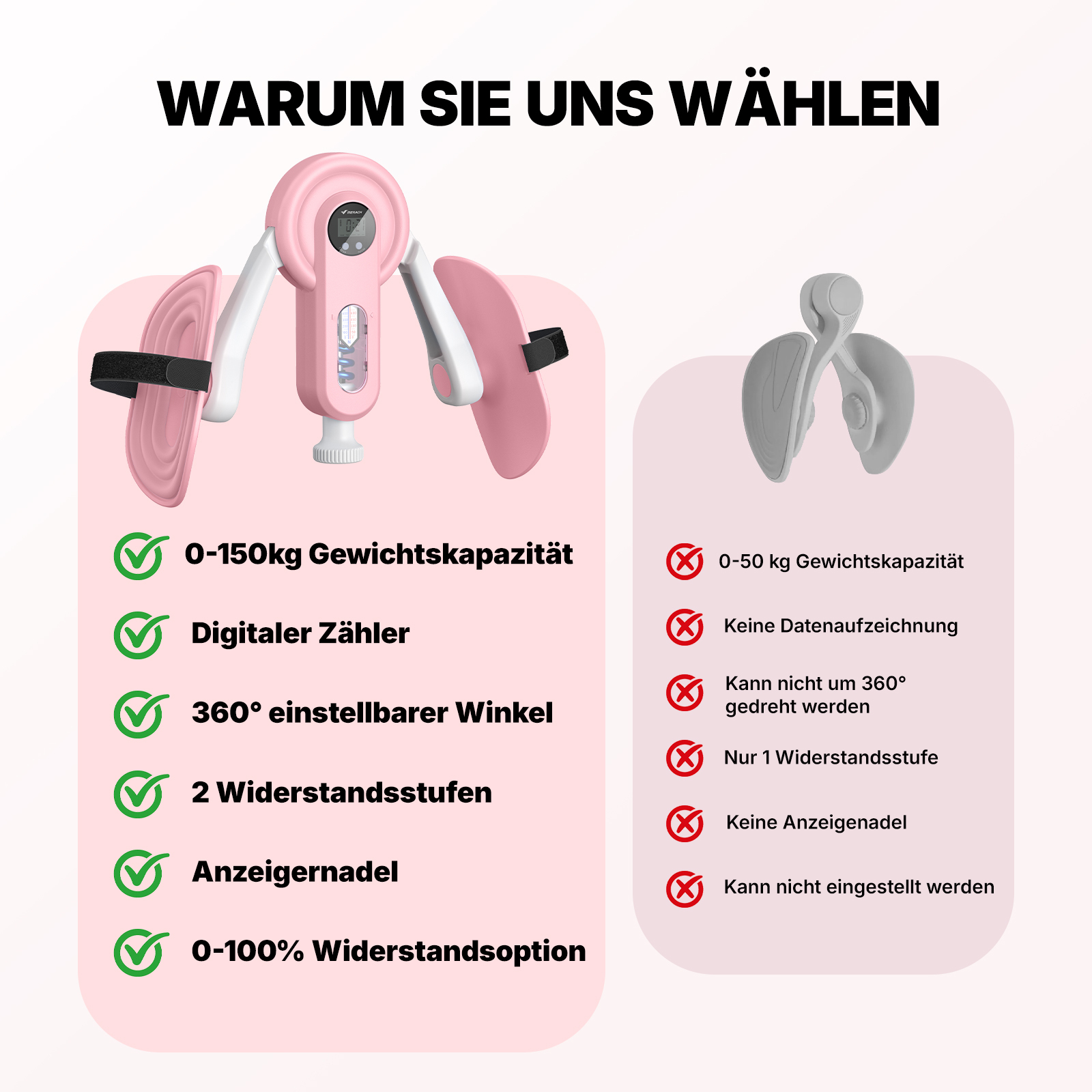 Vergleich von zwei Fitnessgeräten mit ihren Merkmalen, z.B. Gewichtskapazität.
