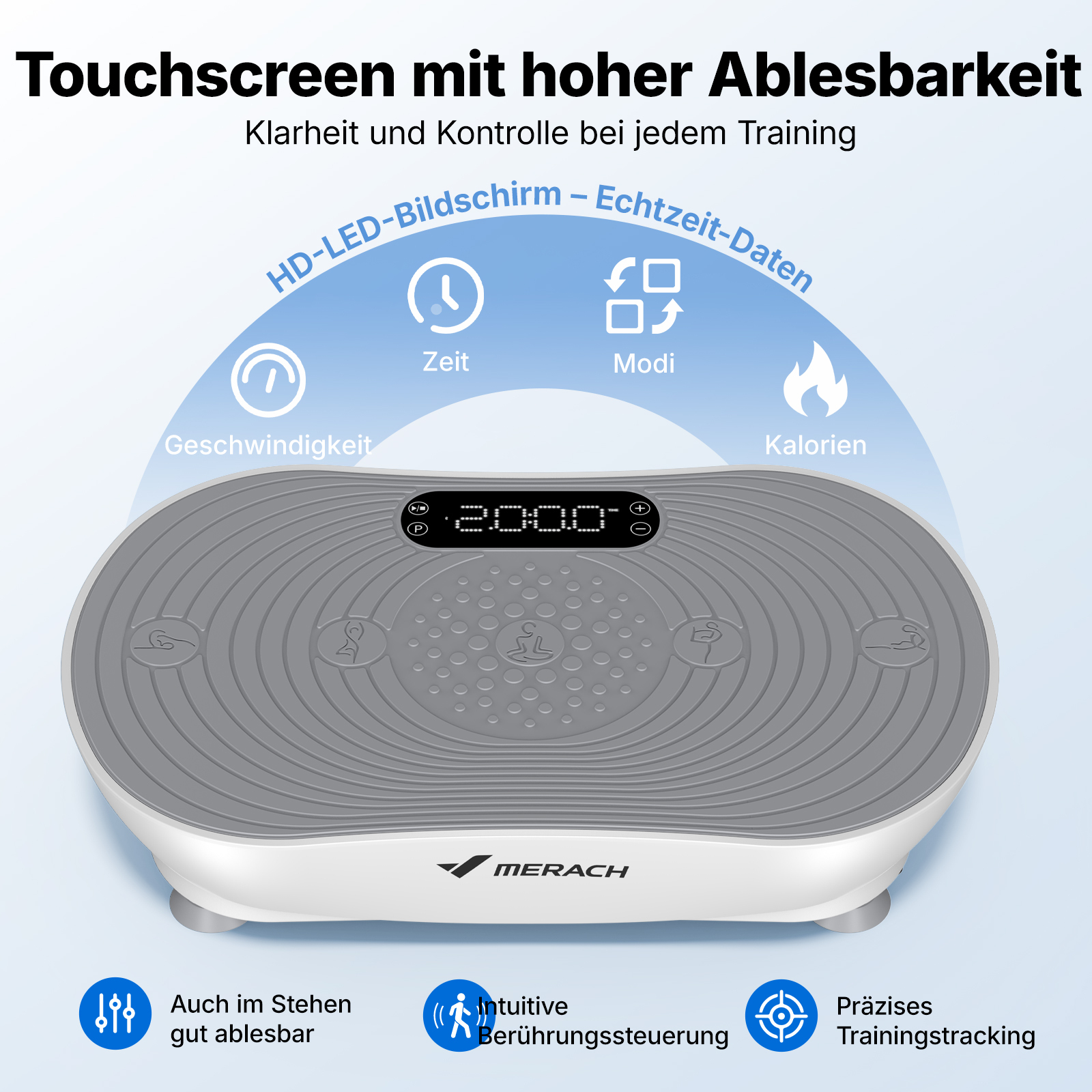 Vibrationsplatte mit HD-LED-Display zeigt Geschwindigkeit, Zeit, Modi, Kalorien an.