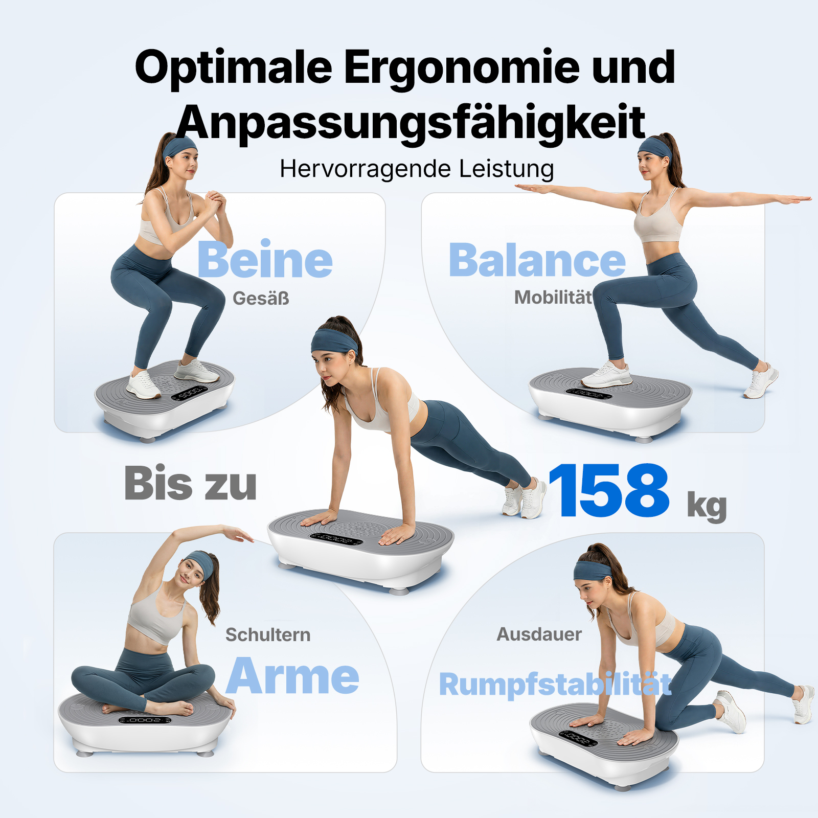 Frau macht Übungen auf Vibrationsplatte für Beine, Balance, Arme, Rumpfstabilität.