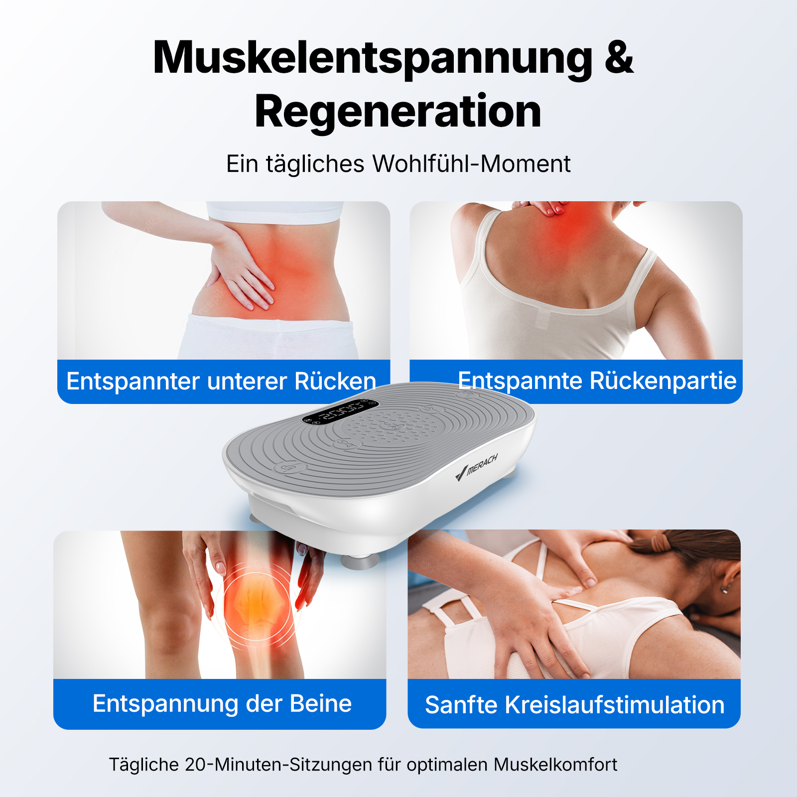 Vibrationsplatte für Muskelentspannung und Regeneration, zeigt Rücken, Nacken, Beine.