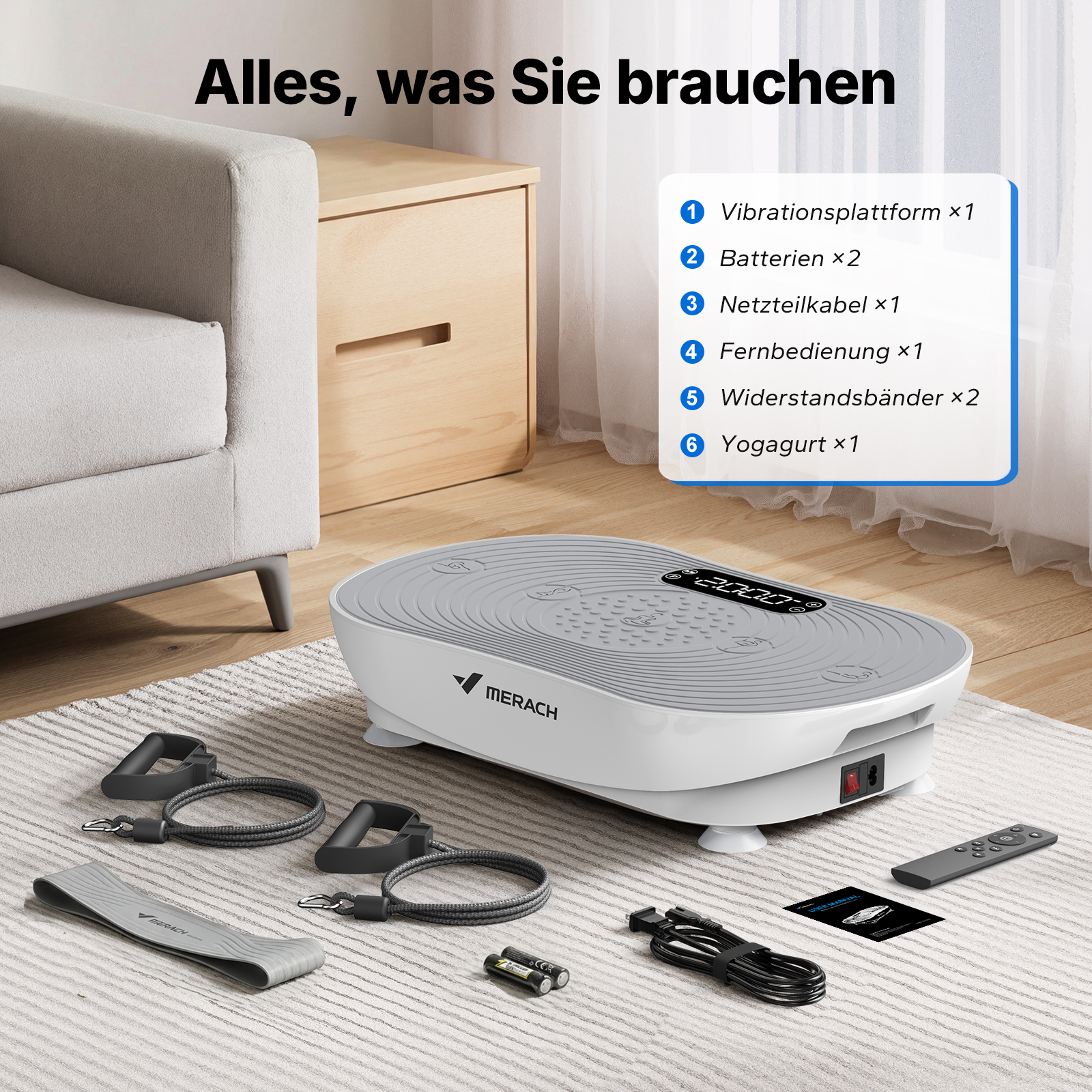 Vibrationsplatte mit Zubehör, Fernbedienung und Kabel auf Teppich.