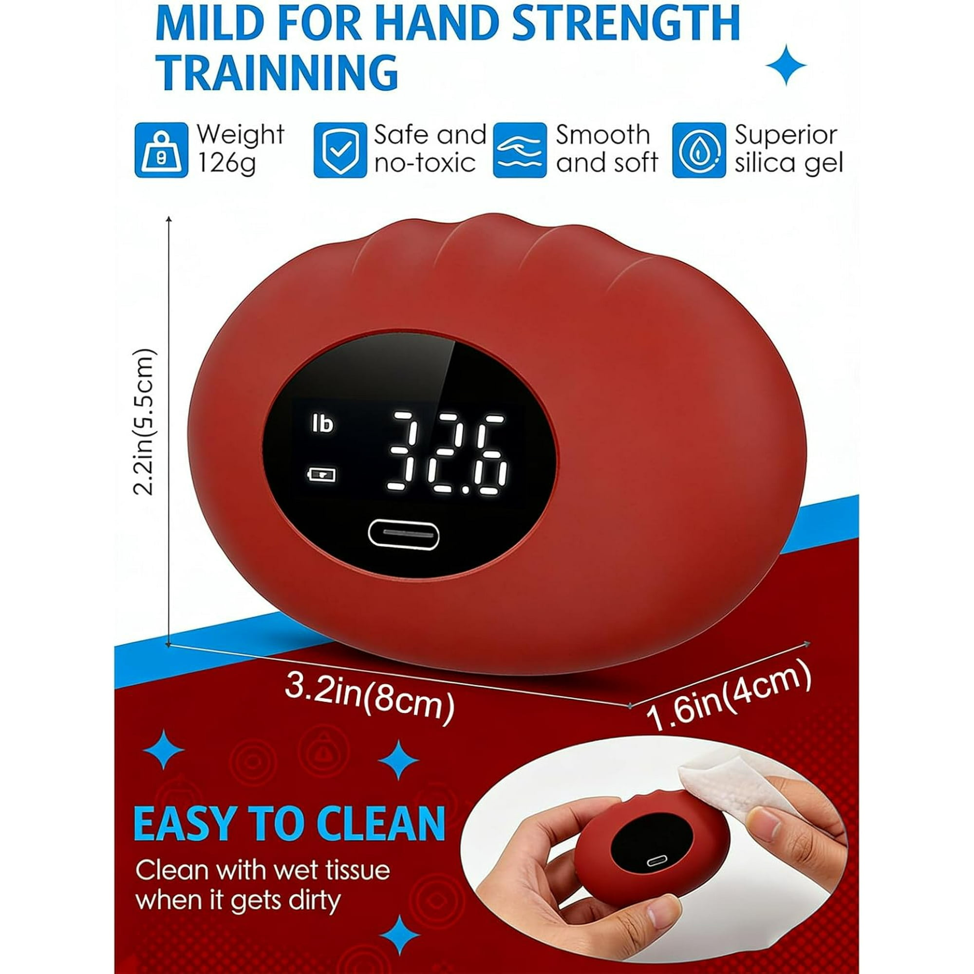 Roter Handtrainer mit digitaler Anzeige (32,6 lb), 126g, 5,5cm hoch. Leicht zu reinigen.