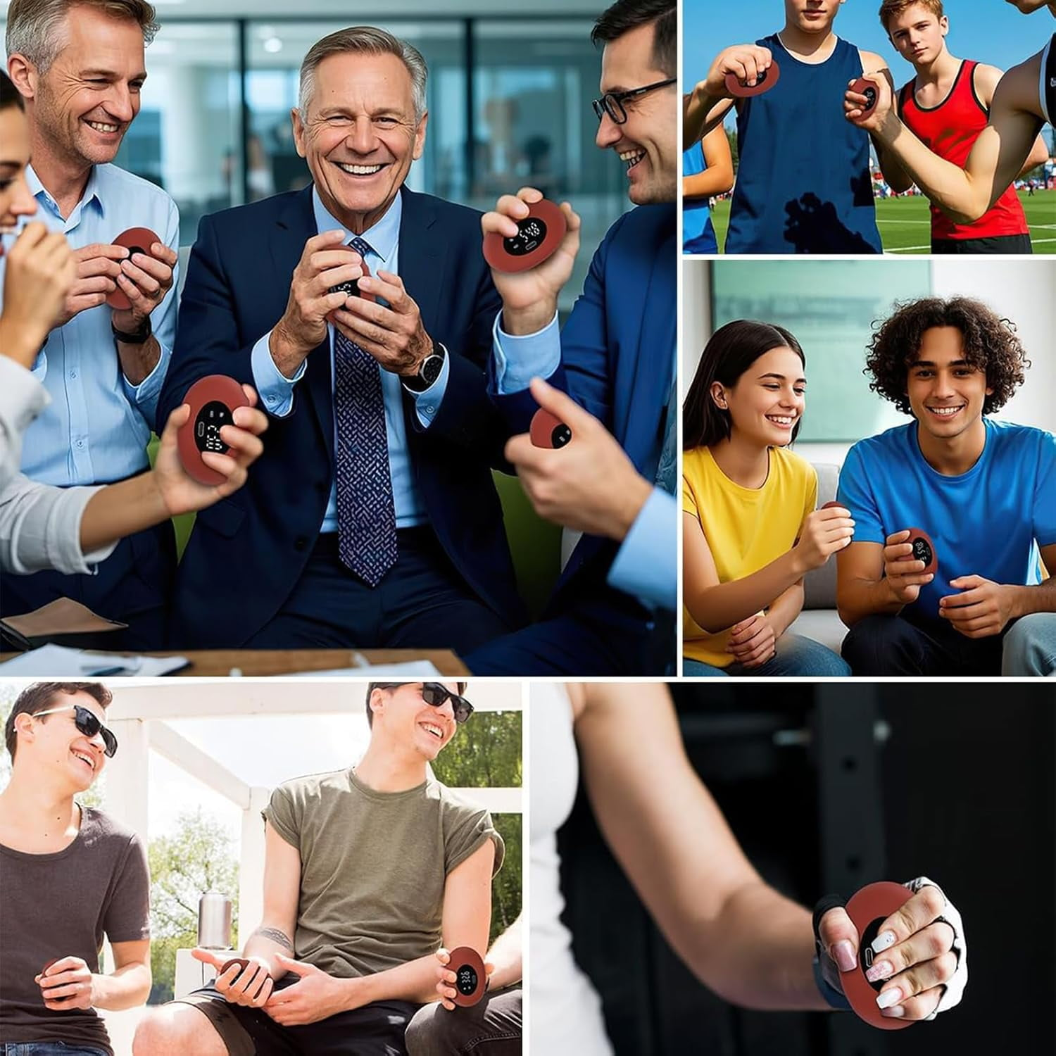 Menschen halten und benutzen rote Handtrainer mit digitalen Anzeigen.