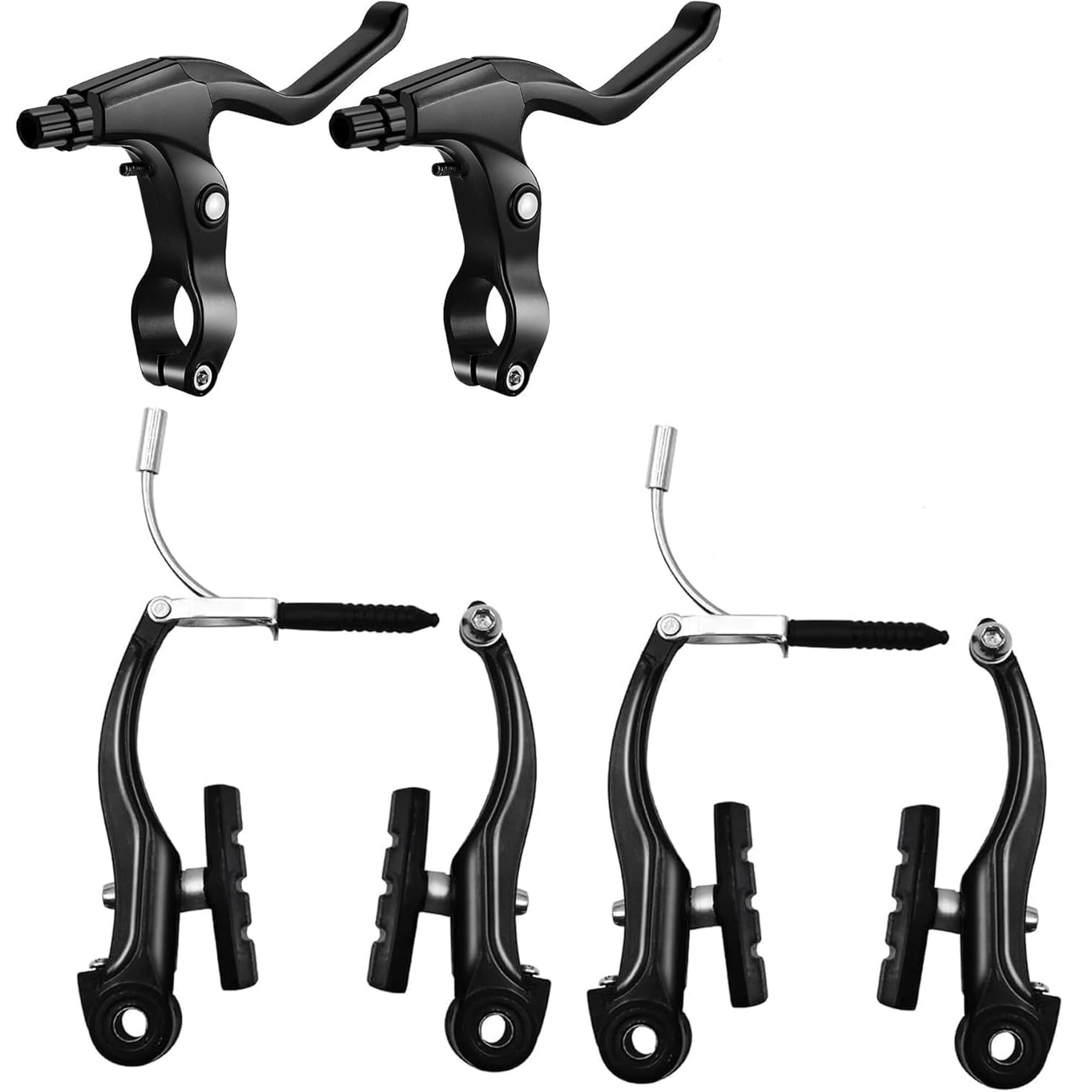 Zwei Paar schwarze Fahrradbremsen mit Hebeln und Zügen.