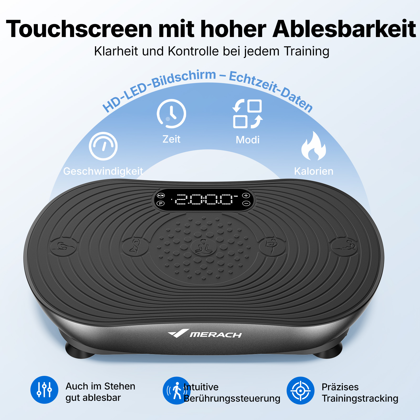Schwarze Vibrationsplatte mit Touchscreen und Trainingsdaten. Icons zeigen Zeit, Modi, Kalorien.