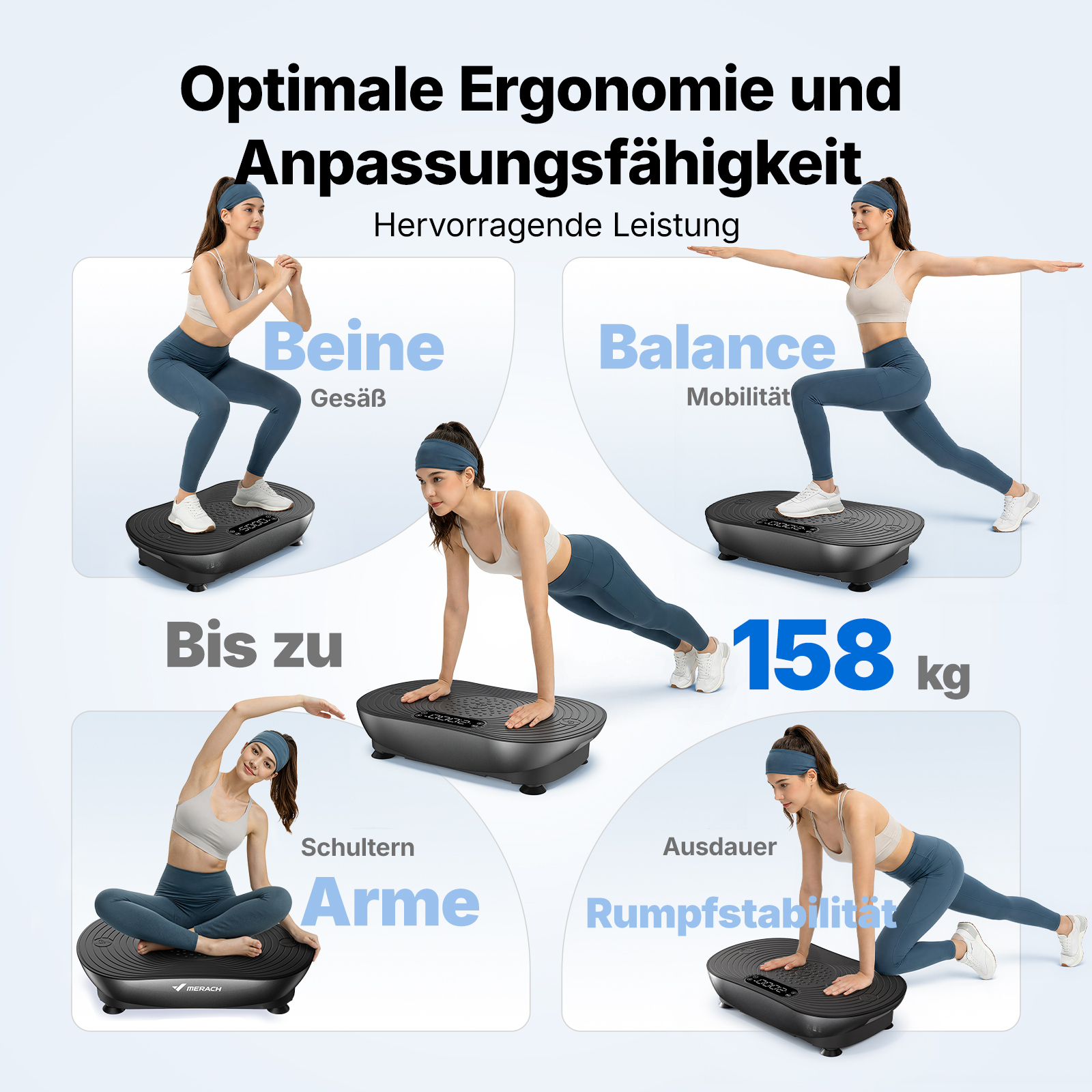 Frauen trainieren auf Vibrationsplatten für Beine, Balance, Arme und Rumpfstabilität.