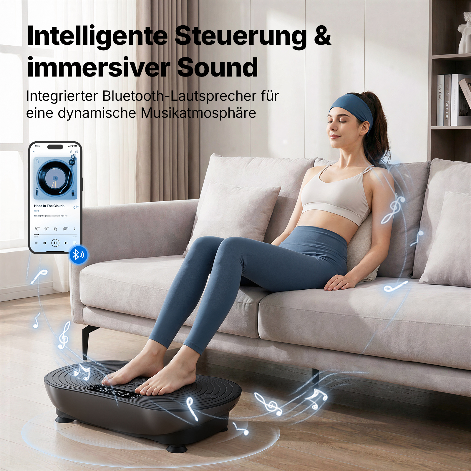 Frau auf einem Vibrationsgerät, Handy daneben, Musiknoten schweben.