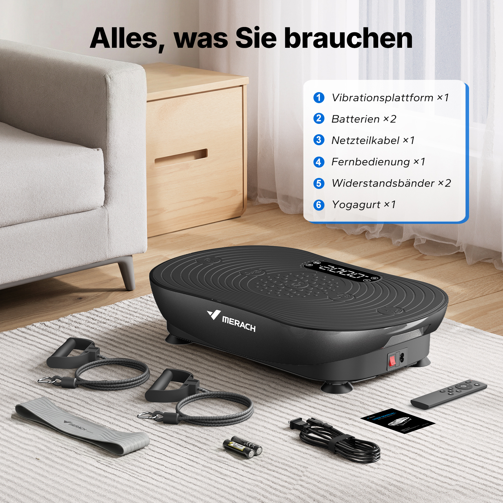 Vibrationsplatte mit Zubehör: Fernbedienung, Kabel, Batterien, Bänder.