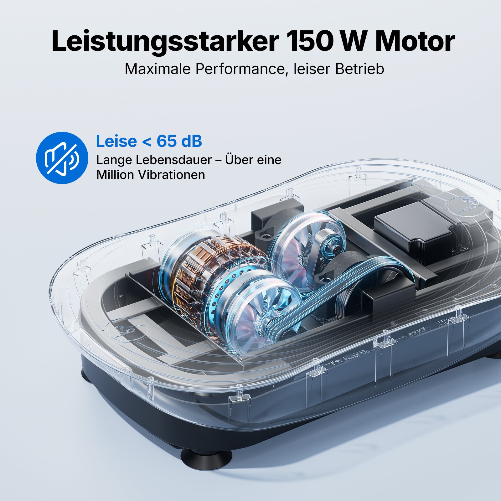 Ein 150-W-Motor mit transparentem Gehäuse, Lüftern und Riemen.
