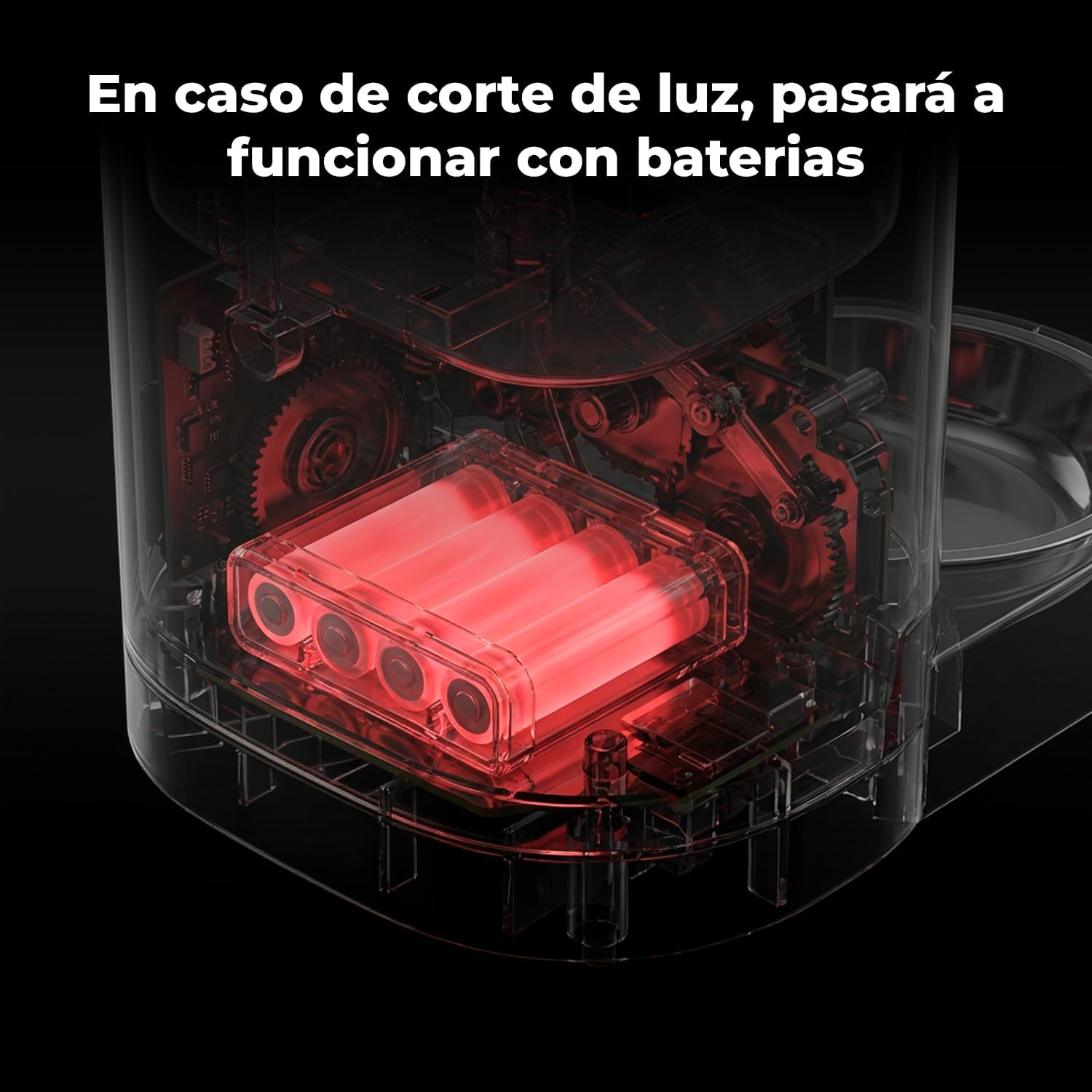 Contenedor transparente con baterías rojas y engranajes dentro.