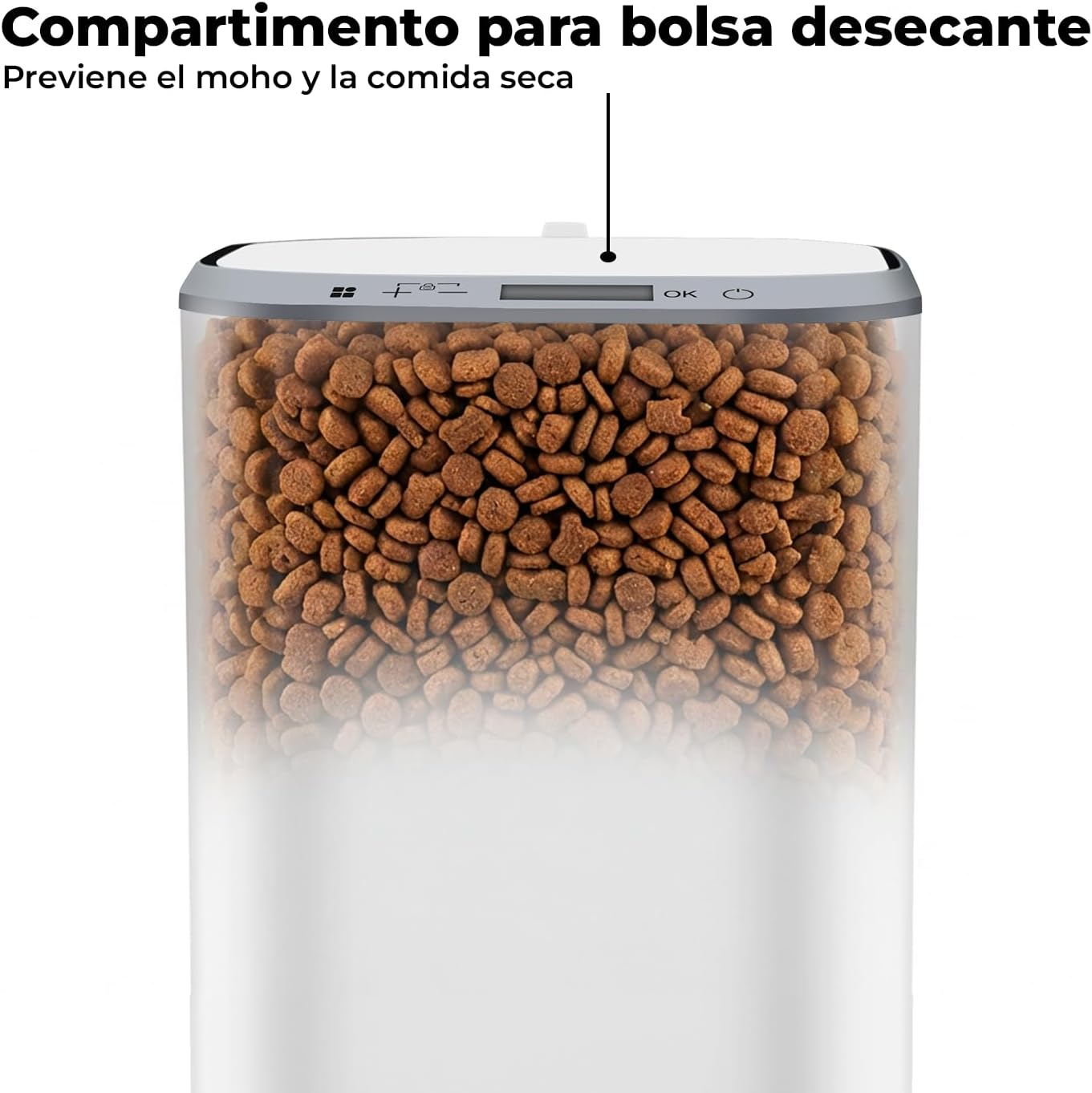 Un recipiente transparente con comida seca marrón, tapa blanca con pantalla.