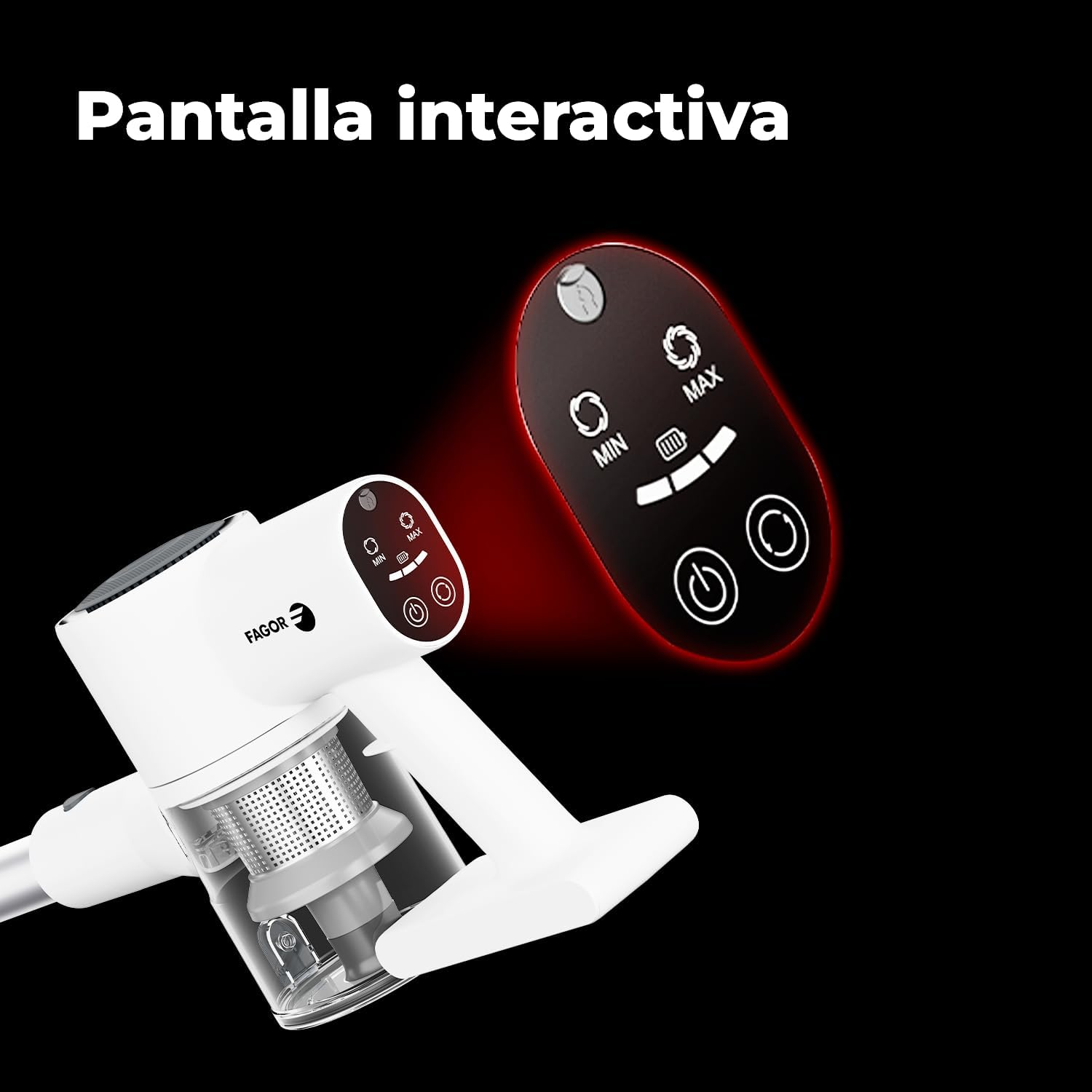 Una aspiradora blanca de mano con una pantalla de control remoto negra al lado.
