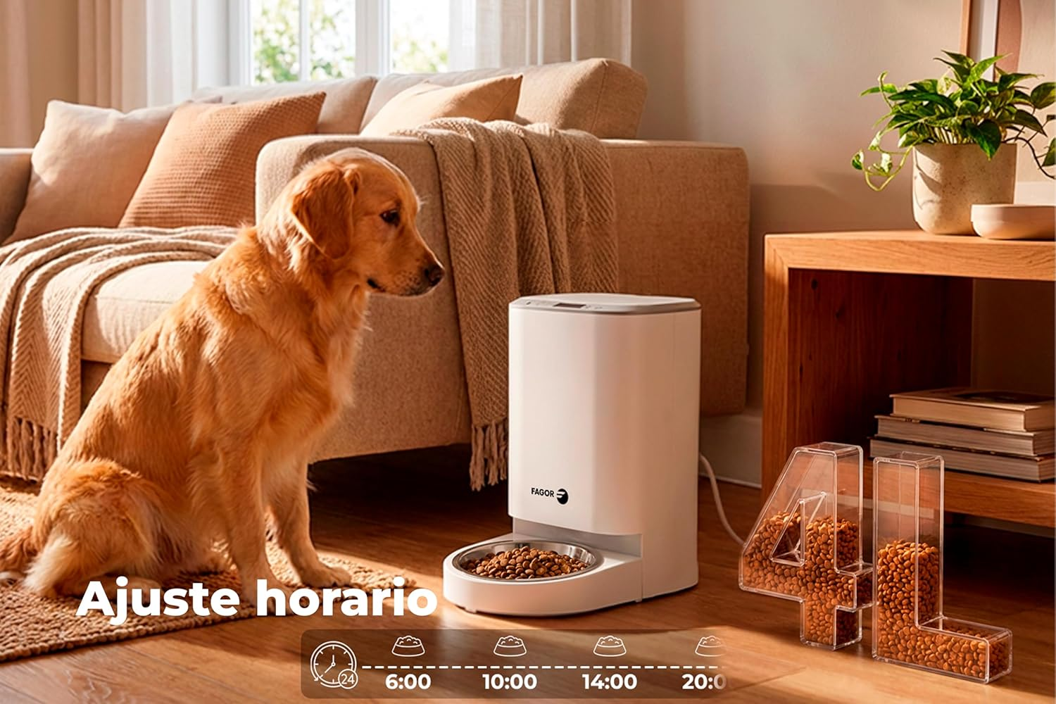 Golden retriever sentado junto a un comedero automático con comida en el cuenco.