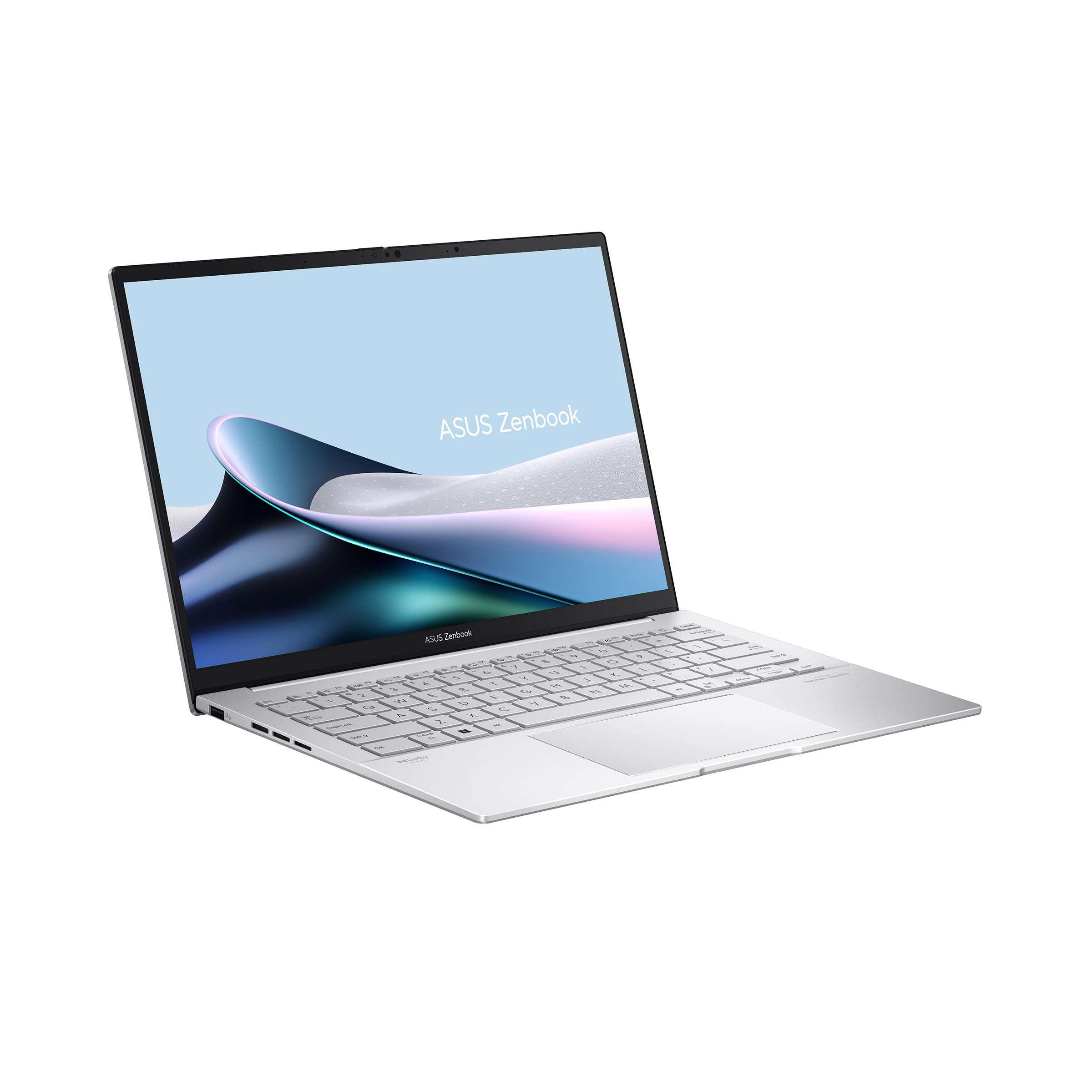 Gümüş renkli ASUS Zenbook dizüstü bilgisayar beyaz zeminde açık.