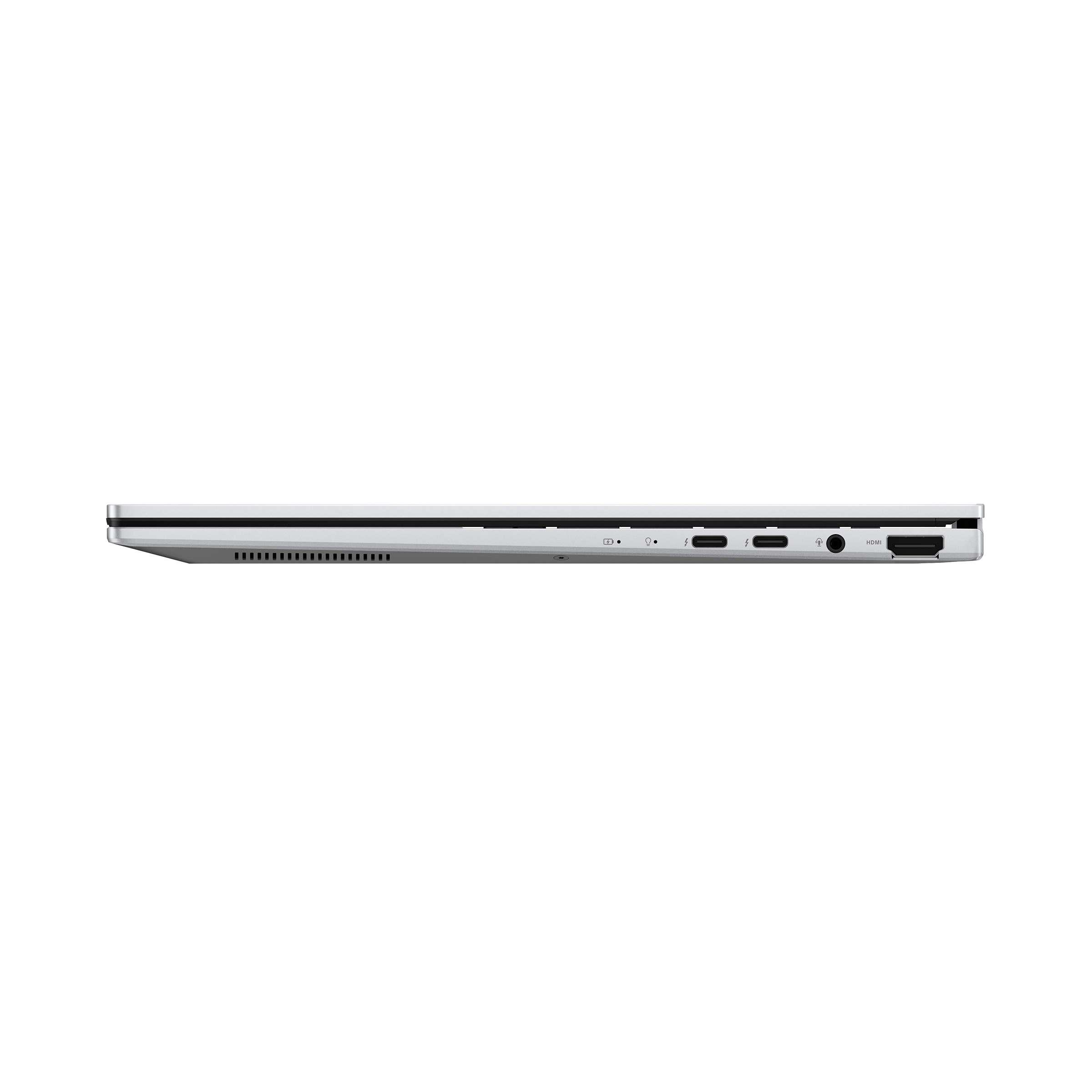 Yan taraftan görünen gümüş renkli dizüstü bilgisayar, USB-C, kulaklık ve HDMI bağlantı noktaları.