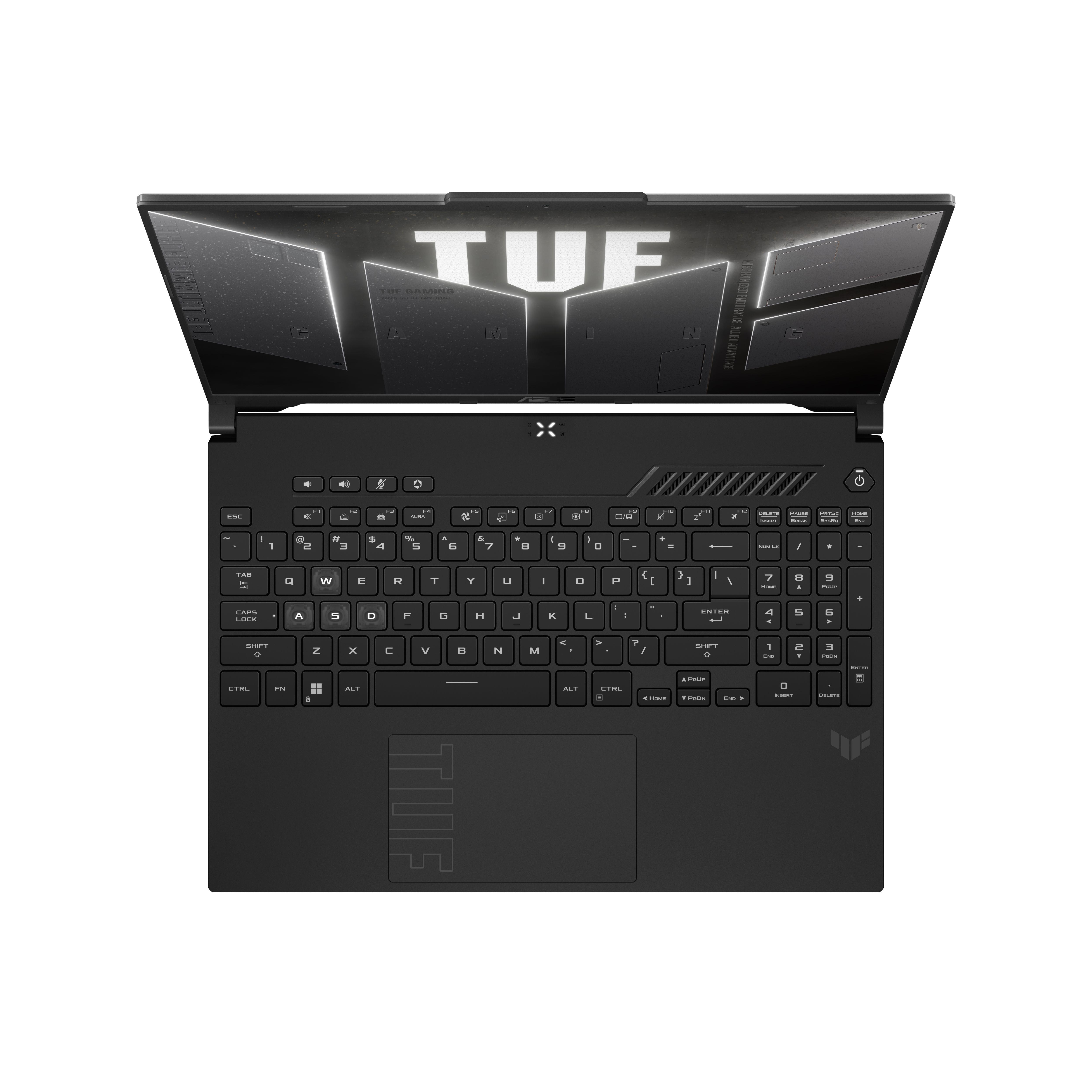 Yukarıdan gösterilen siyah bir TUF Gaming dizüstü bilgisayar, klavye ve ekranı ortaya çıkaran açık kapaklı.