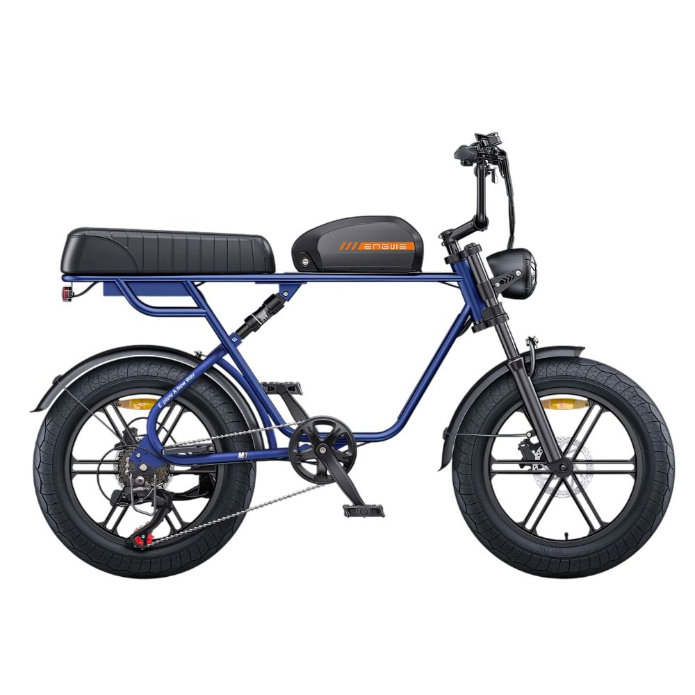 Una bicicleta eléctrica azul con neumáticos anchos, asiento negro y batería naranja.