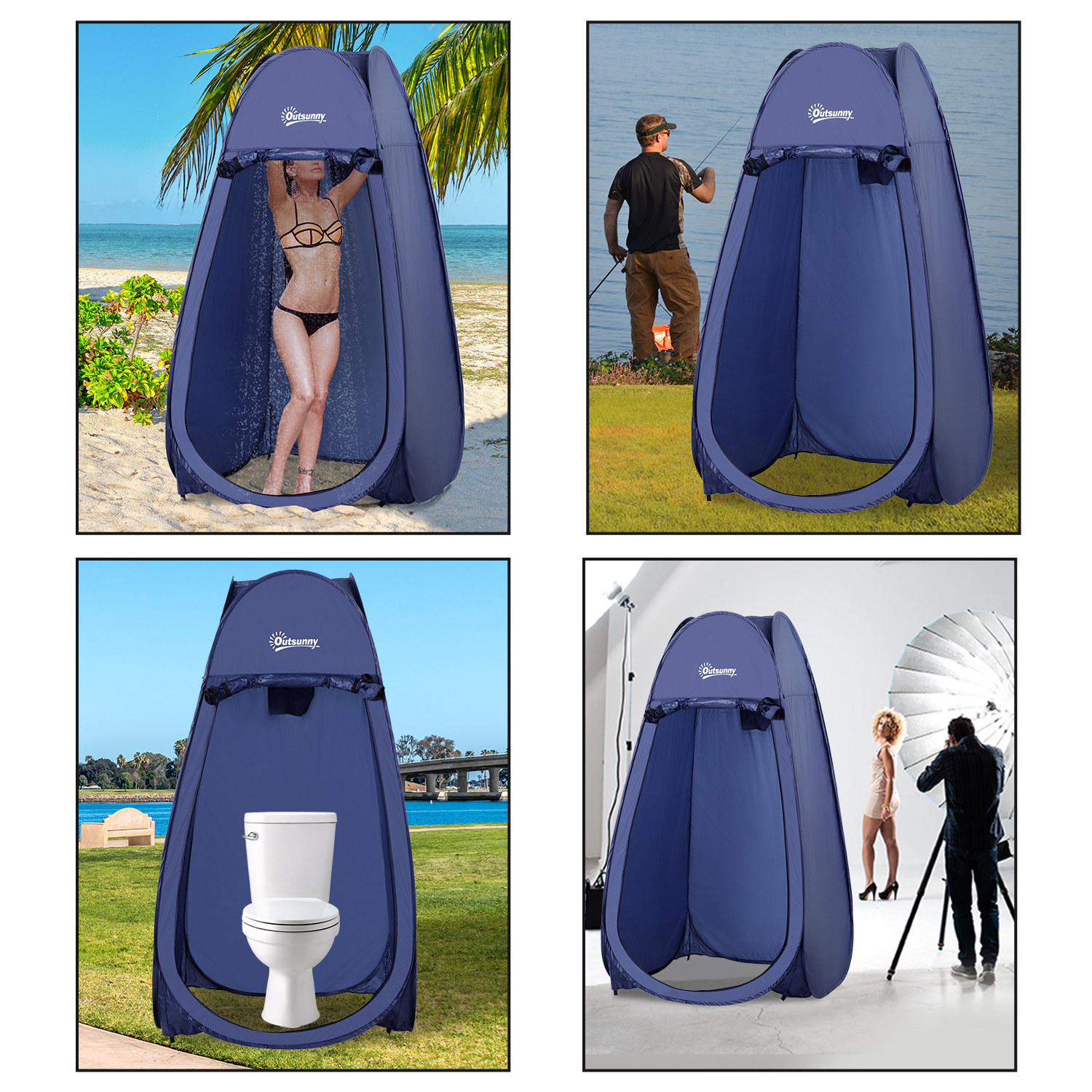 Una imagen de cuatro paneles muestra una tienda emergente azul marino utilizada para ducharse en la playa, pescar en un lago, como inodoro y como vestuario en un estudio.