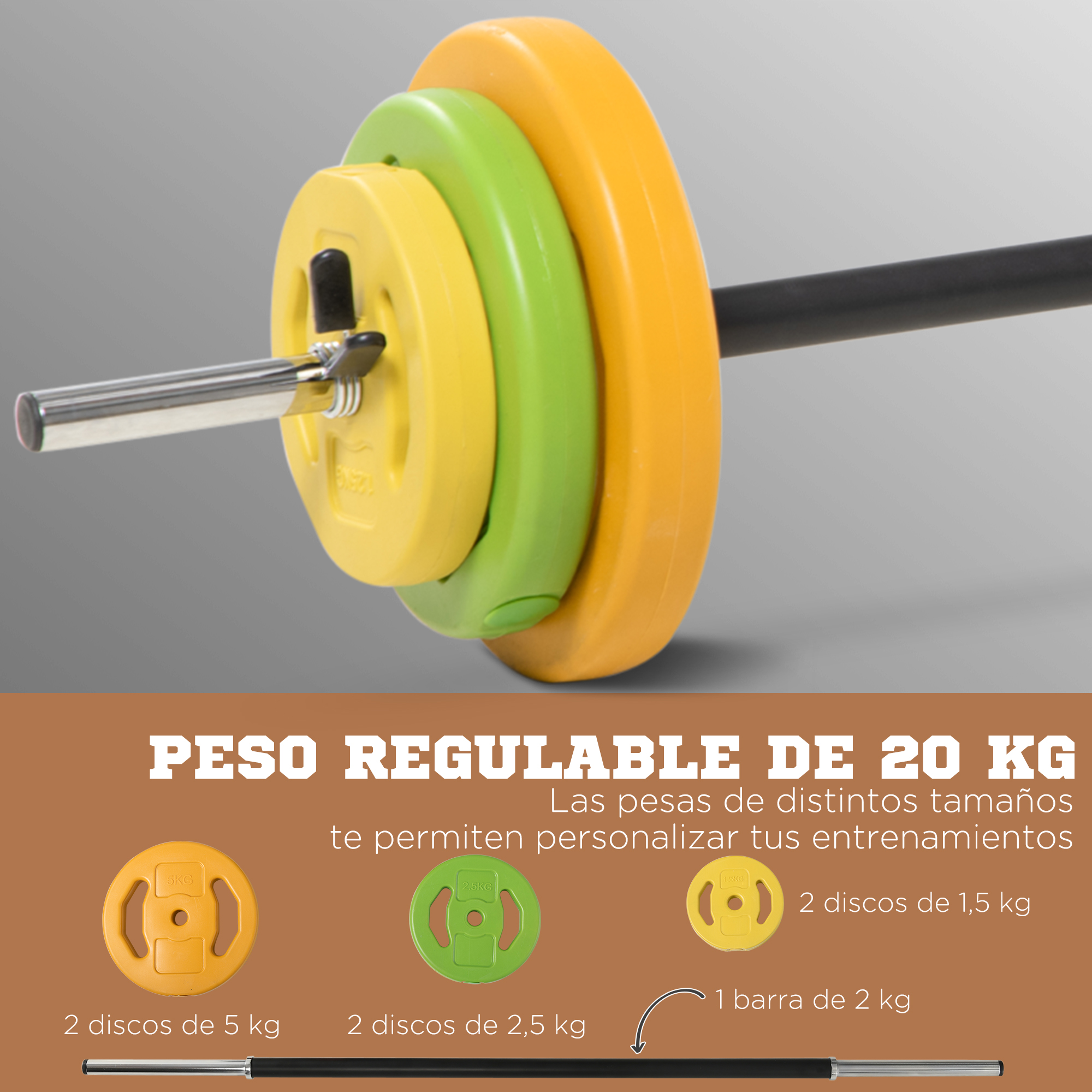 Barra de pesas con discos de colores amarillo, verde y naranja.