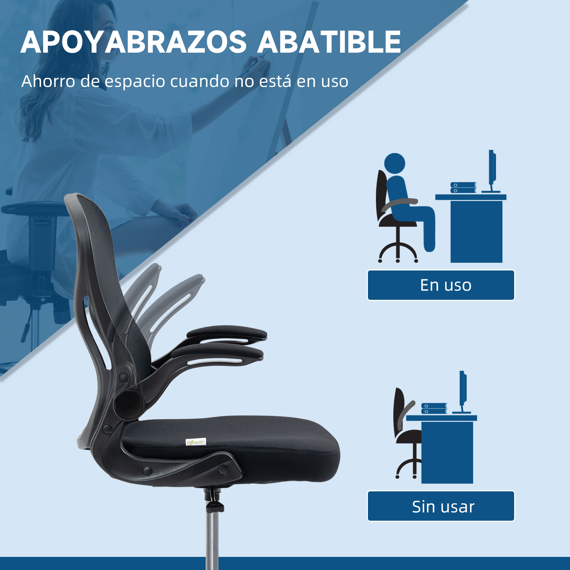 Silla de oficina negra con reposabrazos abatibles, junto a gráficos.