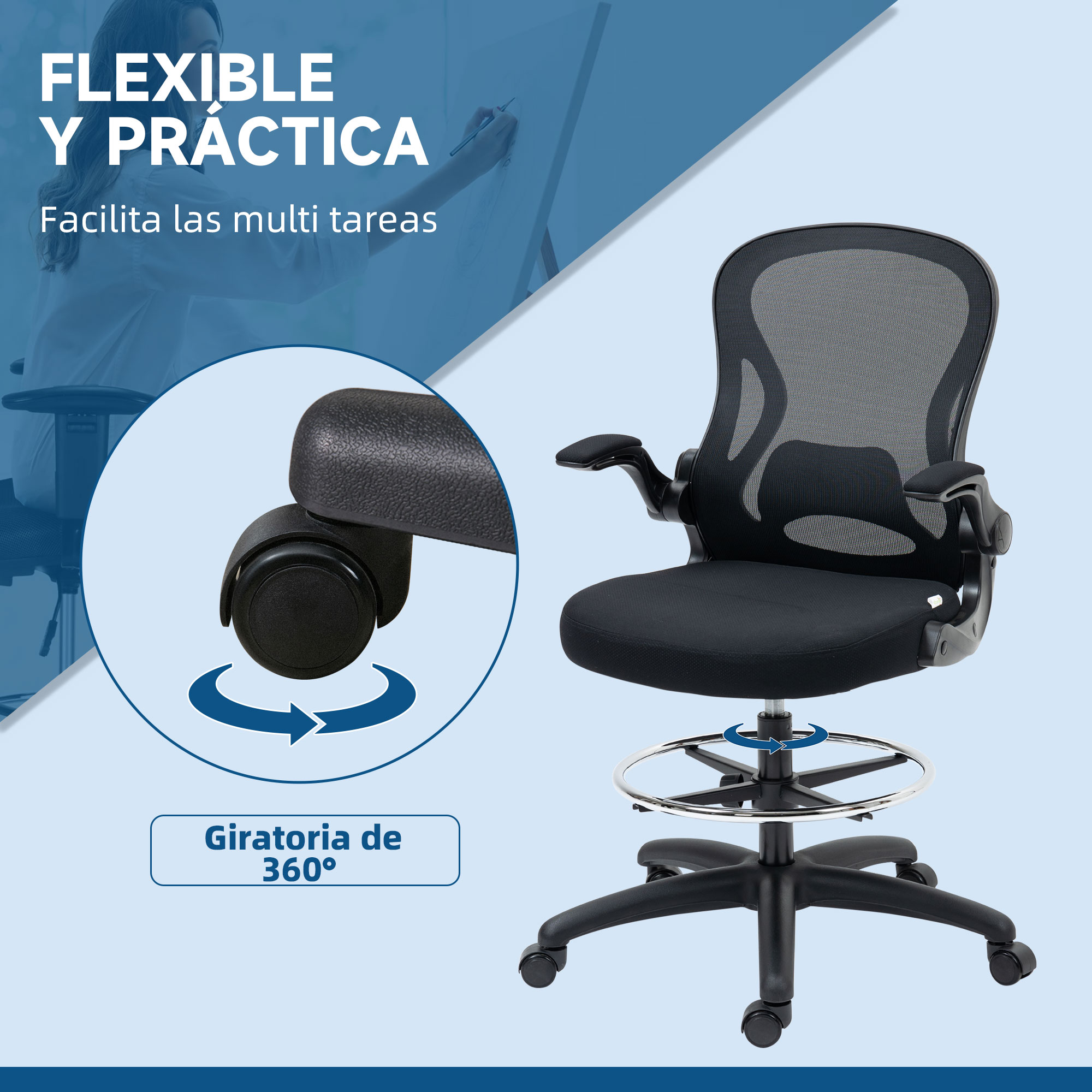 Silla de oficina negra con respaldo de malla y ruedas, rotación de 360° destacada.