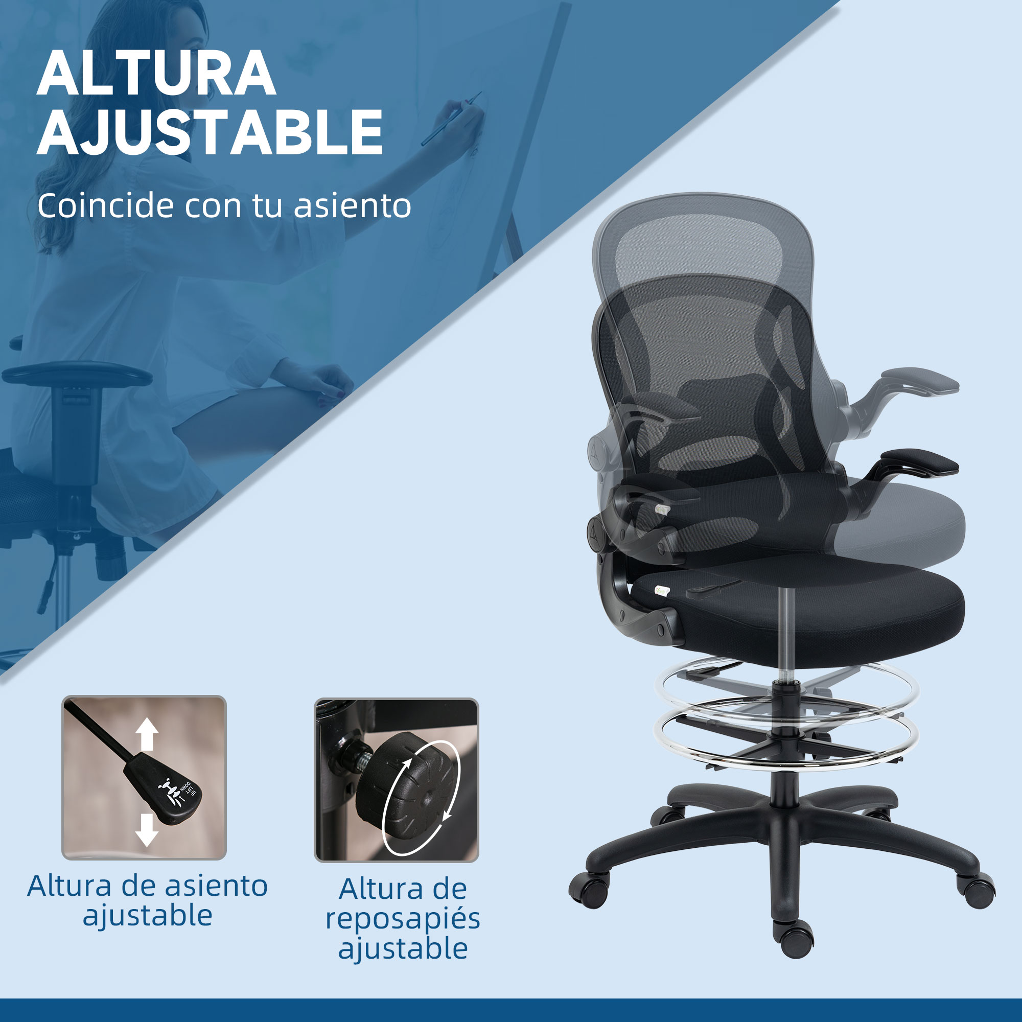 Silla de oficina negra con altura de asiento y reposapiés ajustables.