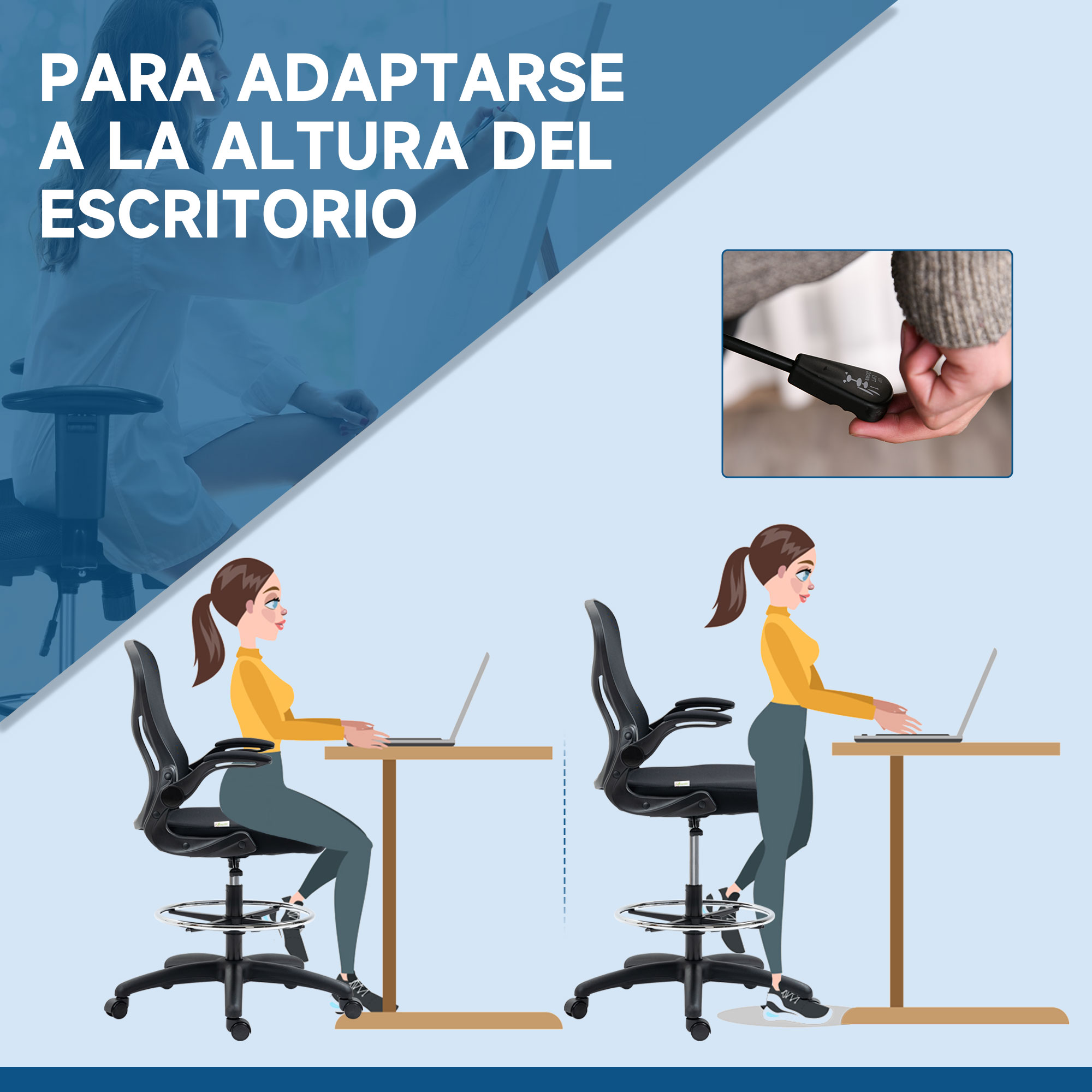Una mujer ajusta la altura de su silla de oficina para igualar la altura del escritorio.