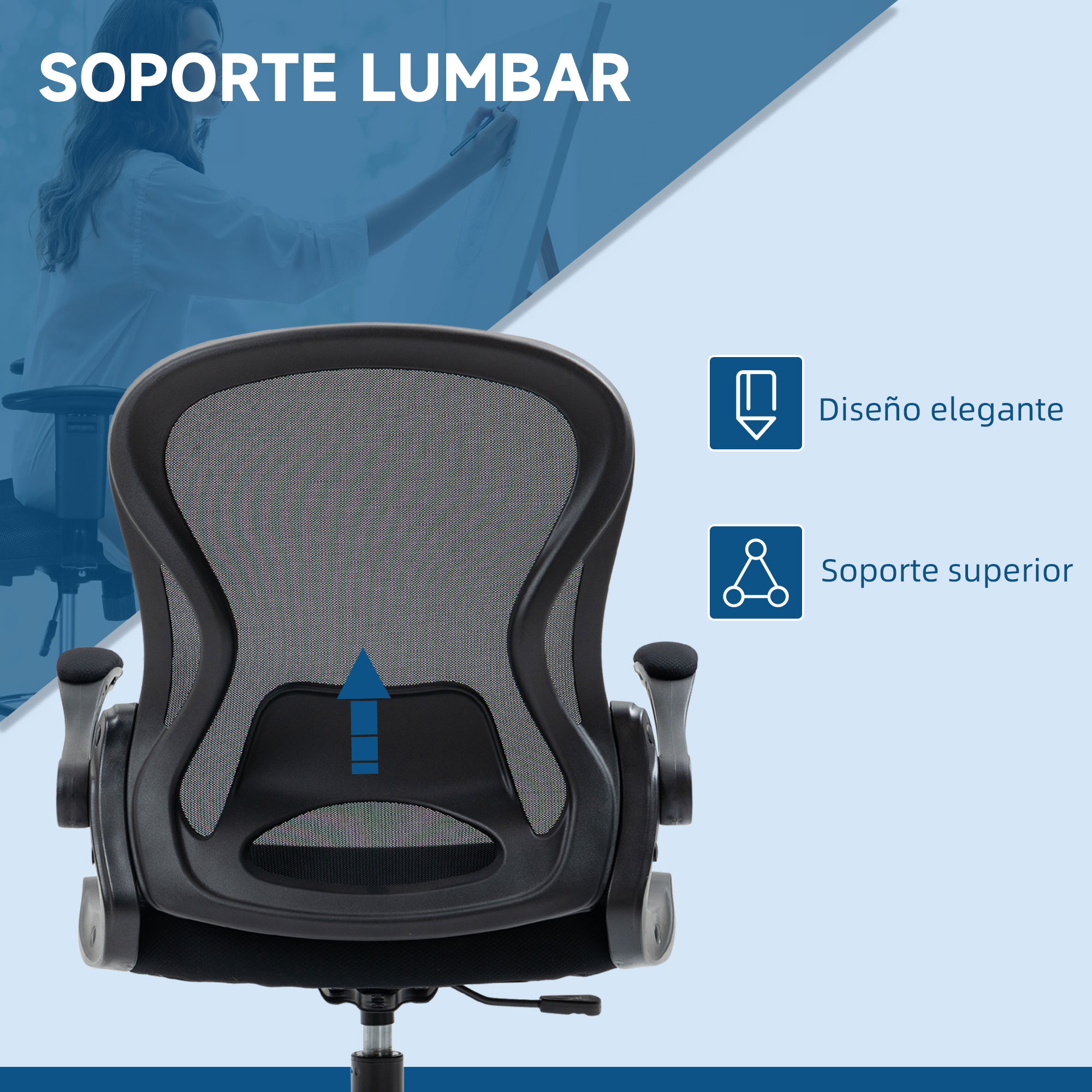Silla de oficina ergonómica con respaldo de malla y soporte lumbar, vista frontal.