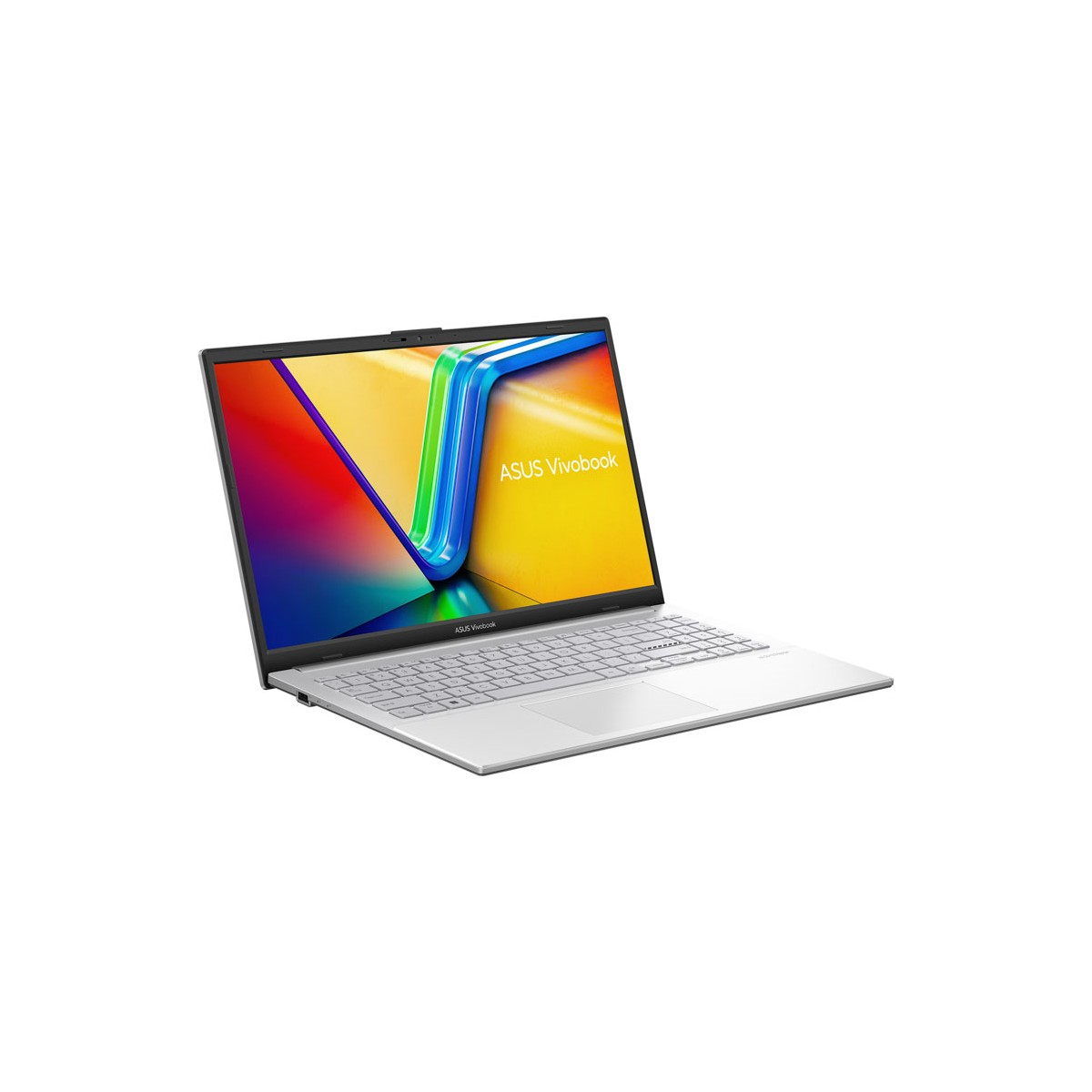 Renkli duvar kağıdı gösteren beyaz arka planda gümüş rengi ASUS Vivobook dizüstü bilgisayar.