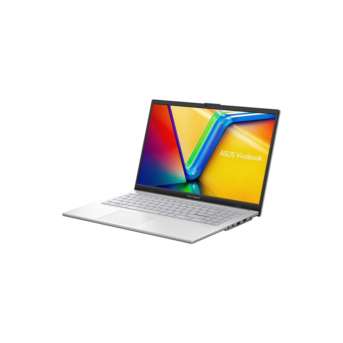 Beyaz arka plan üzerinde açık, gümüş renkli ASUS Vivobook dizüstü bilgisayar.