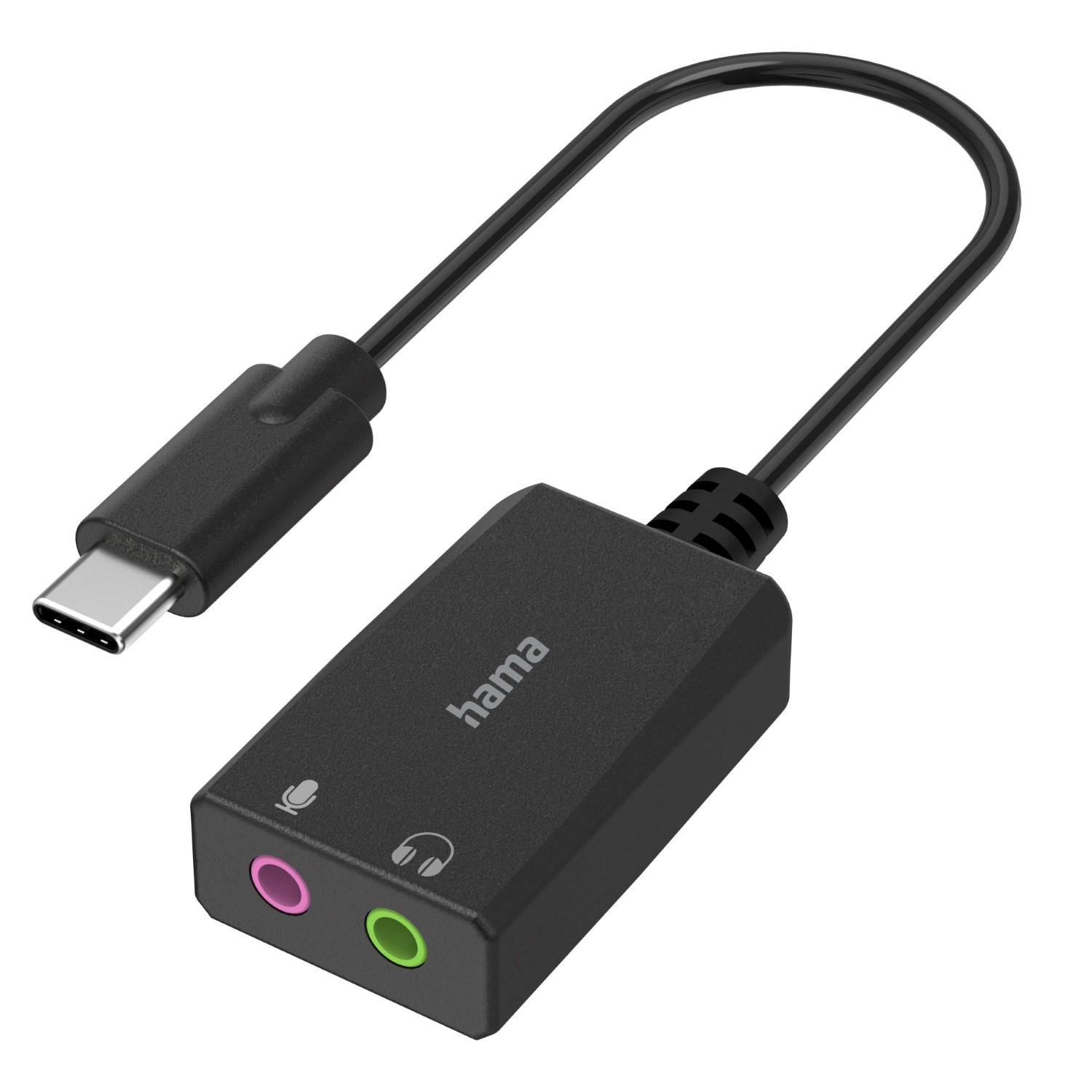 Schwarzer Hama USB-C auf Audio-Adapter mit Mikrofon- und Kopfhörerbuchsen.