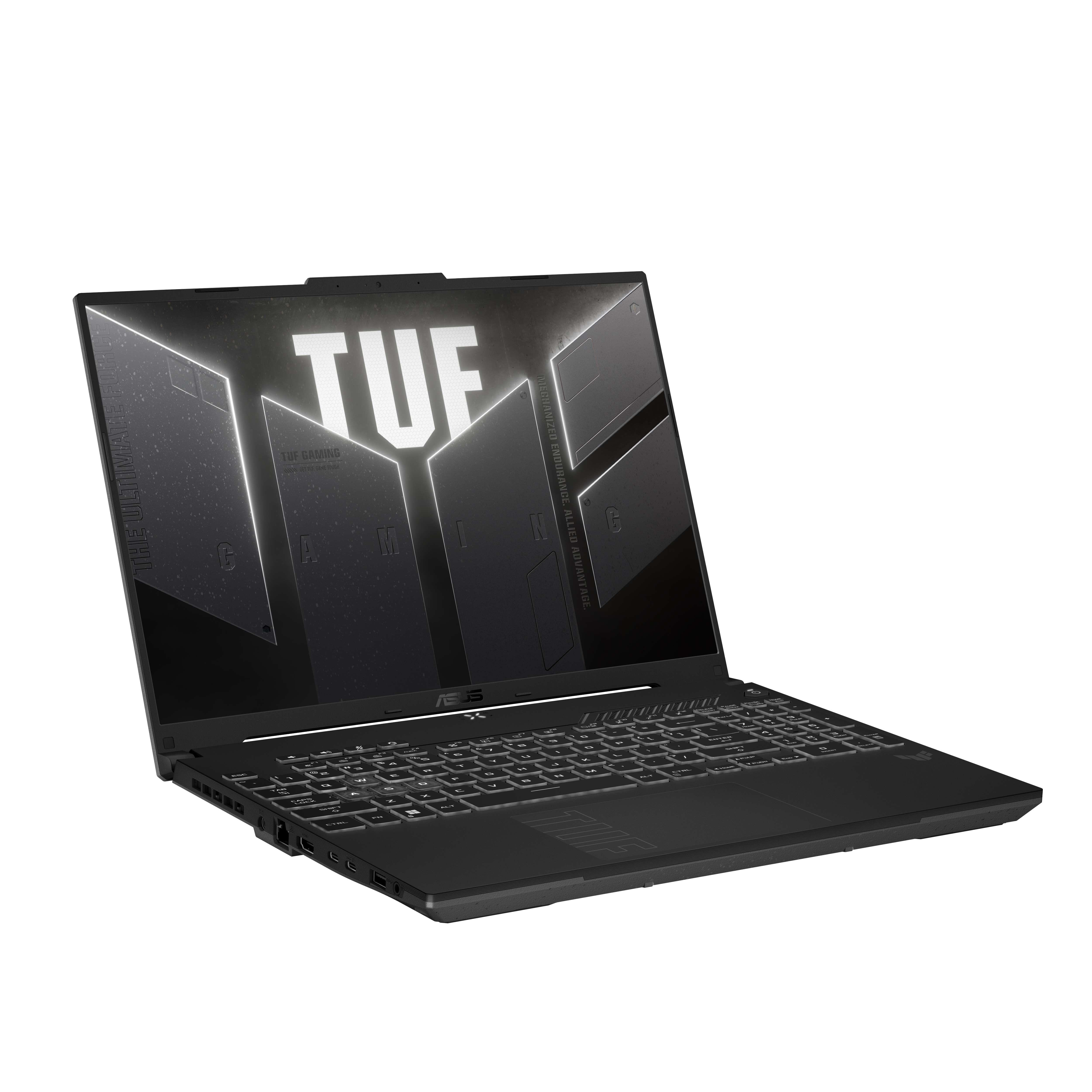 Ekranında TUF logosu ve aydınlatmalı klavyesi olan siyah Asus TUF Gaming dizüstü bilgisayar.
