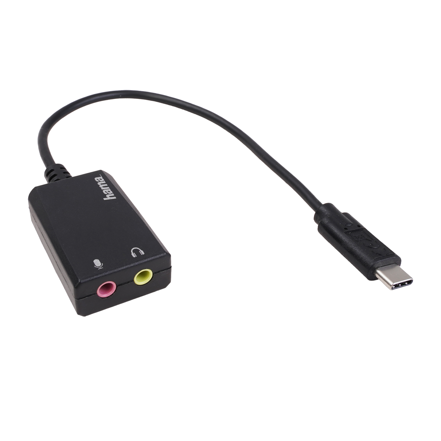 Schwarzer USB-C-Audioadapter mit Mikrofon- und Kopfhöreranschluss.