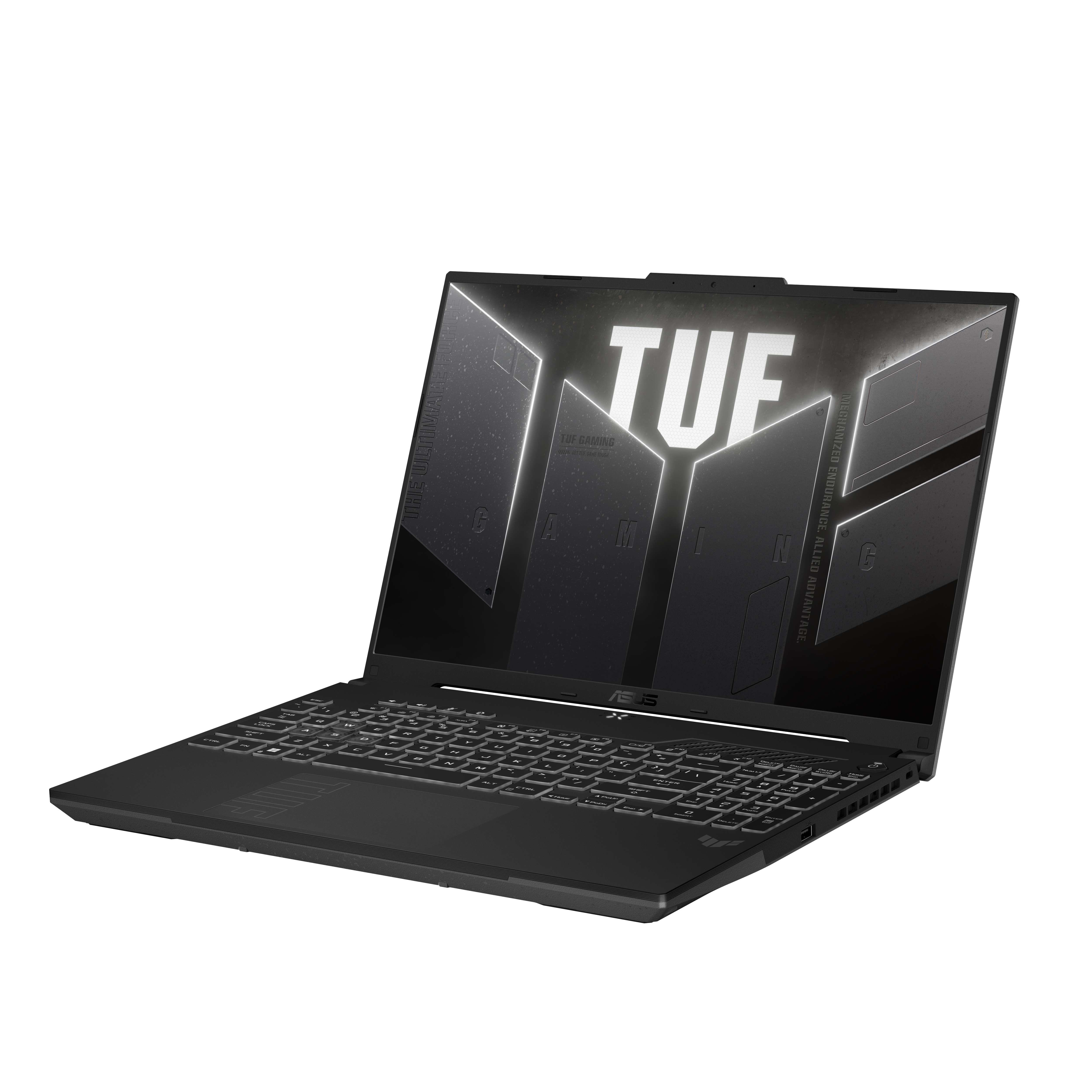 TUF logosu ve aydınlatmalı vurgulara sahip siyah oyuncu dizüstü bilgisayarı.