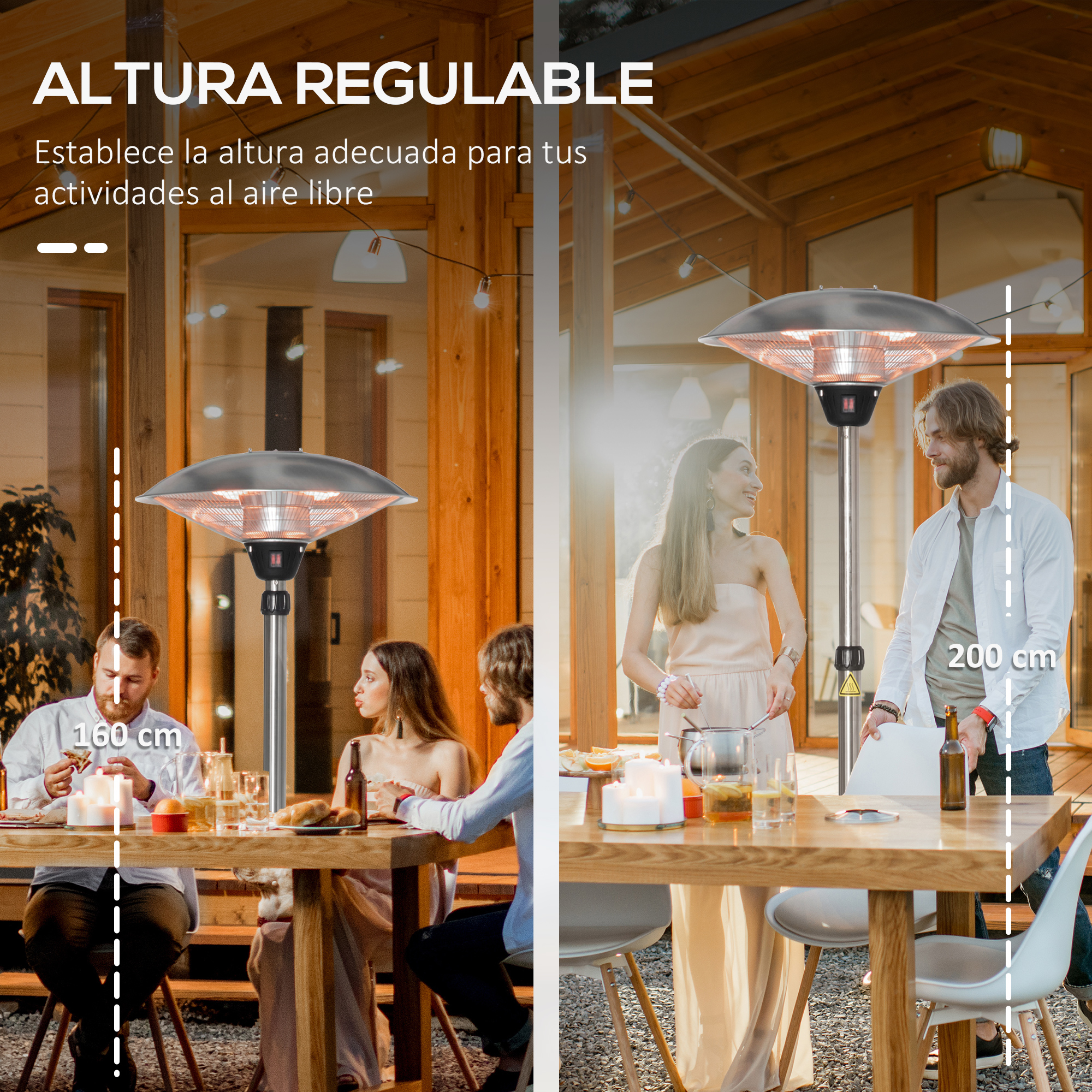 Calentador exterior regulable, muestra opciones de 160 cm y 200 cm.