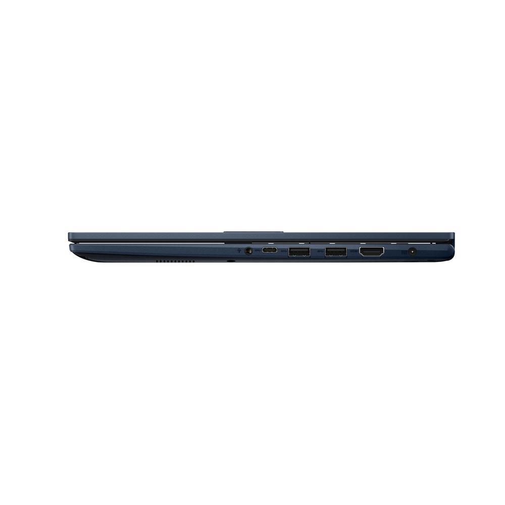 Koyu mavi dizüstü bilgisayar profili, bağlantı noktaları: USB-C, HDMI, USB-A.