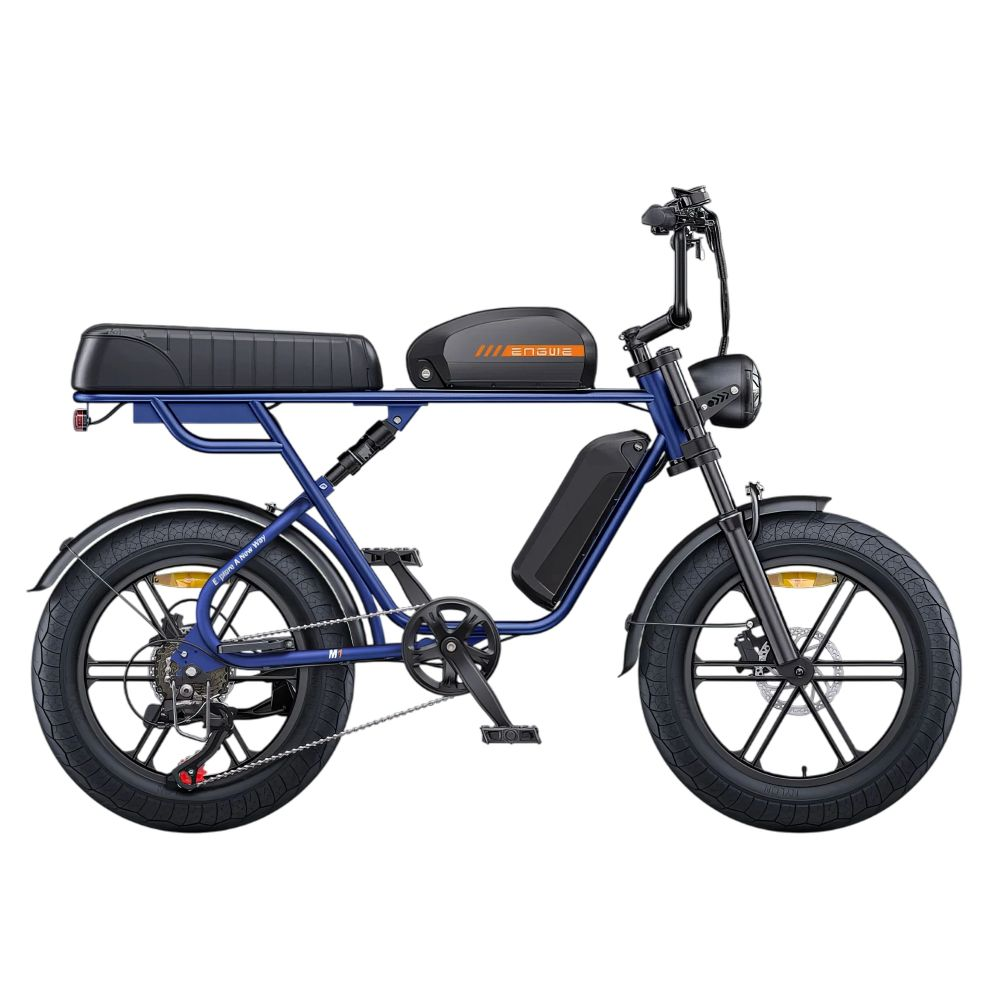 Una bicicleta eléctrica azul con neumáticos anchos, asiento doble y batería lateral.