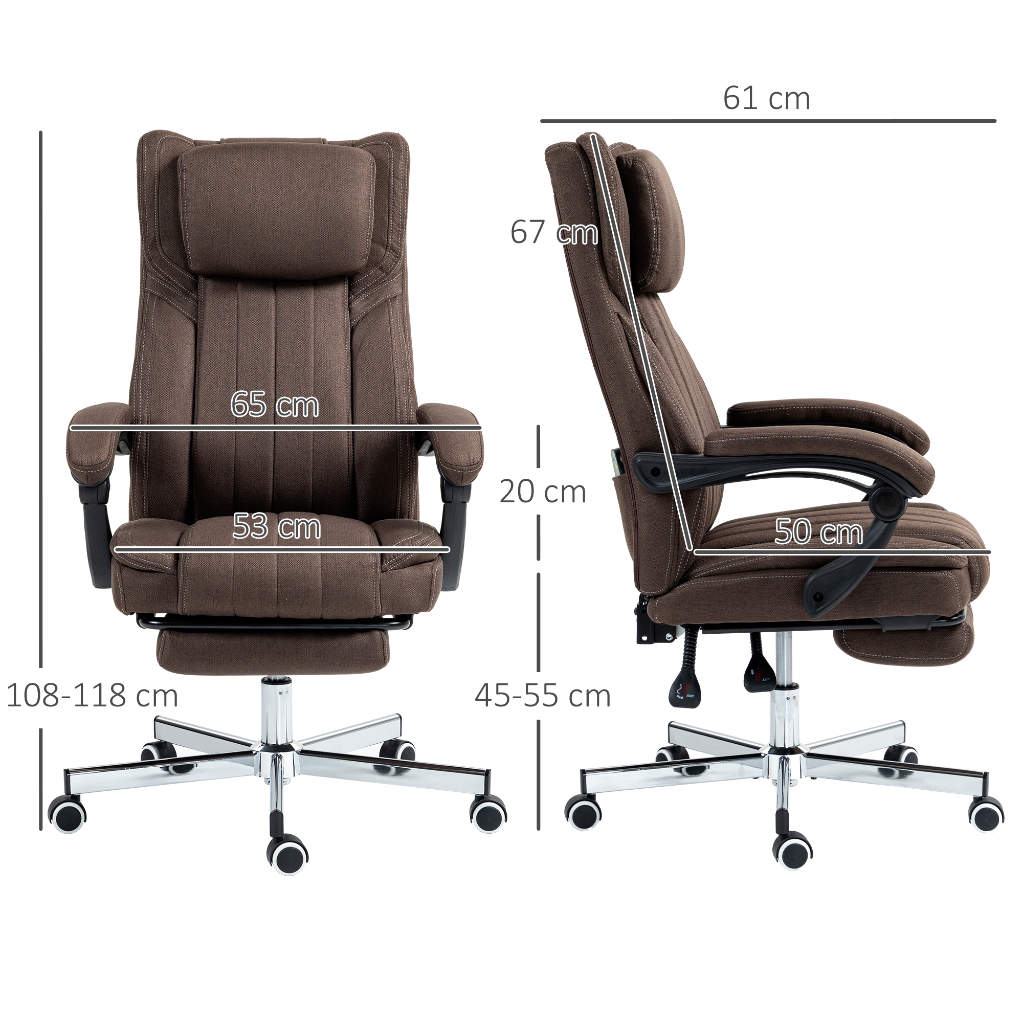Silla de oficina marrón con dimensiones: 108-118 cm alto, 67 cm ancho, 65/53 cm ancho asiento.