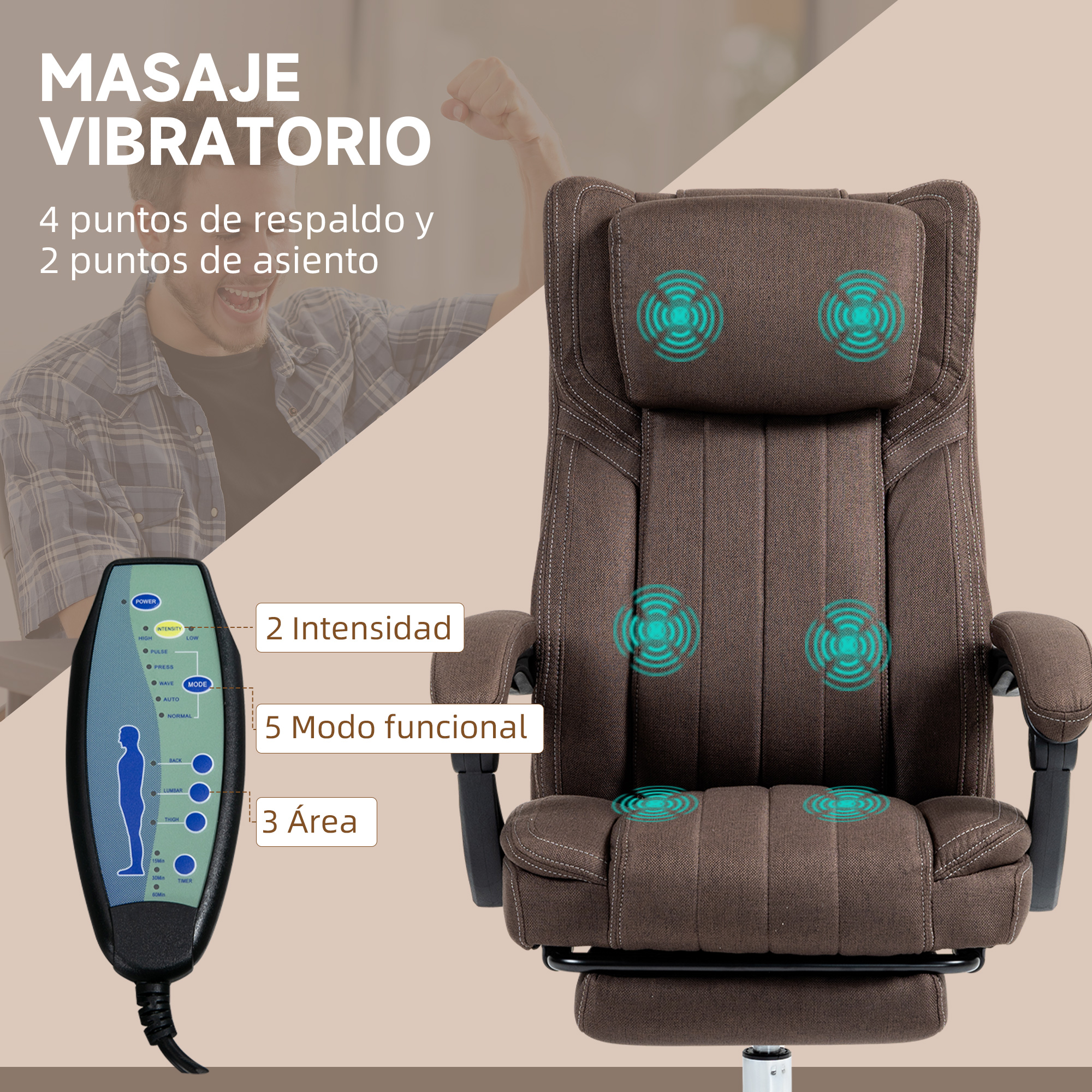 Un sillón de masaje marrón con mando a distancia y puntos de vibración resaltados.