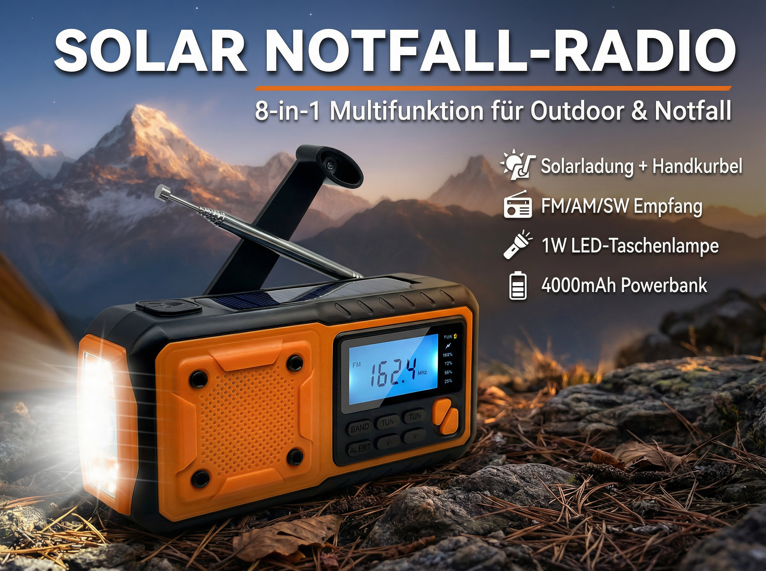 Ein orange-schwarzes Notfallradio mit Solarpanel, Taschenlampe und Antenne, auf Felsen liegend.